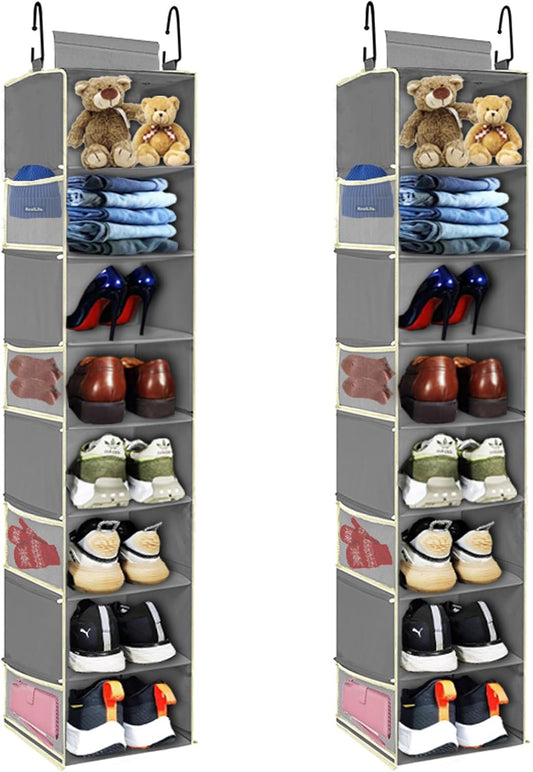 2 Pack Large-Sized Hanging Shoe Organizer 8-Shelf, Hanging Closet Organizer with 8 Side Pockets, Wider Hanging Shelves for Storage Shoes Clothes 9" W × 11.8" D× 48" H, Grey.