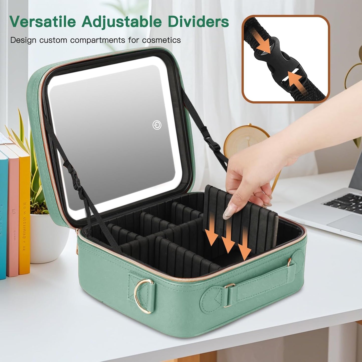 Travel Makeup Bag with LED Mirror, Cosmetic Bags for Women with Light up Mirror, Travel Essentials Makeup Organizer, Makeup Case with Adjustable Dividers and Brush Holder, 3 Color Lights