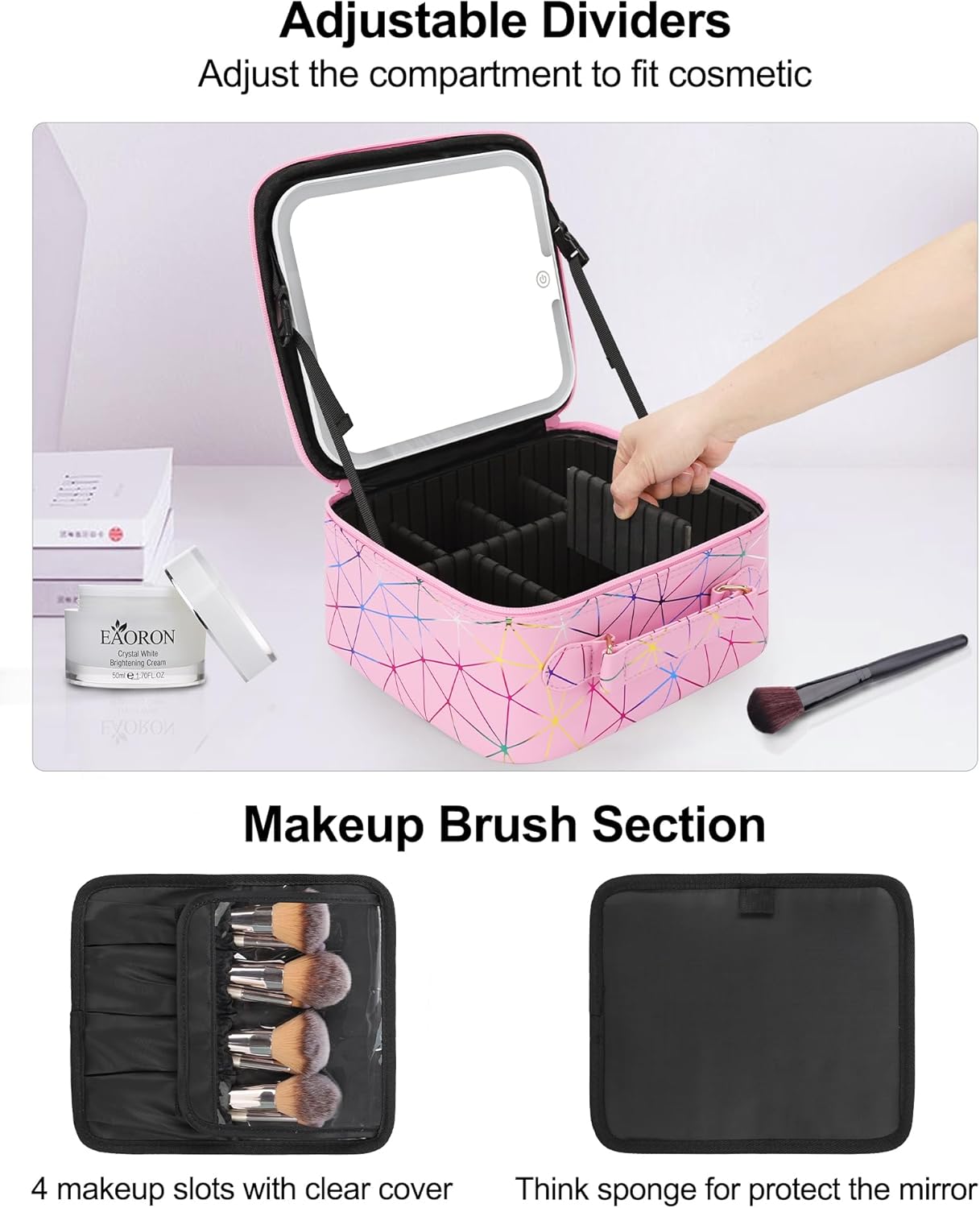 Chomeiu Makeup Bag with LED Mirror, Cute Cosmetic Bags Birthday Gifts for Girls Women, Makeup Train Case Artists Organizer Large Make Up Bags with Light Up Mirror 3 Color Lights, Pink Geometry