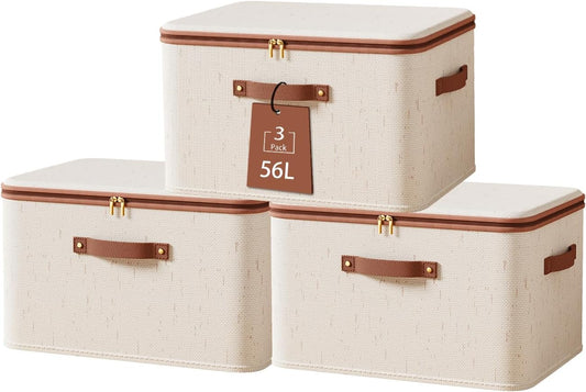 Tuza 3 Pcs Rigid Storage Bins with Zipper Lid, Cotton Linen Fabric Storage Boxes, Foldable Shelves Clothes Storage Cubes with Handles for Wardrobe, Closet(Beige, 56L)