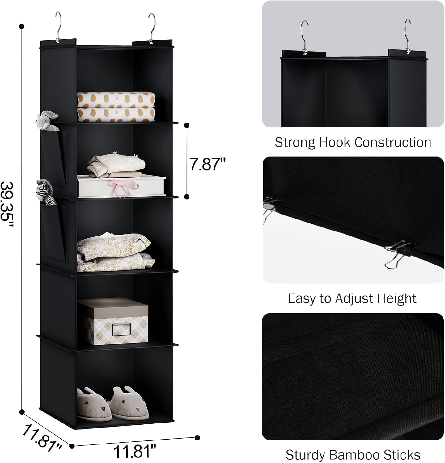 YOUDENOVA Hanging Closet Organizer, 5-Shelf Closet Hanging Storage Shelves, Black