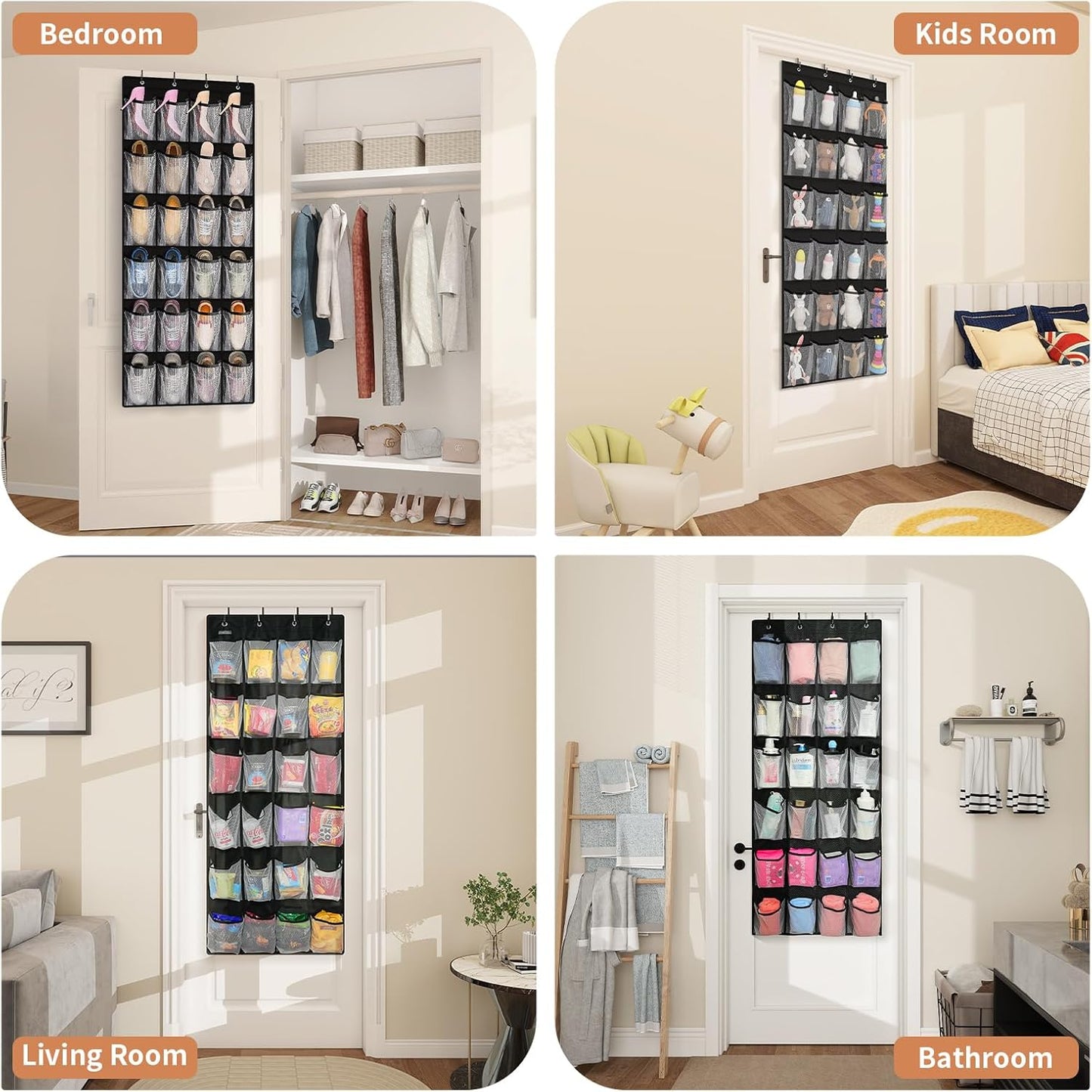 FENTEC 2 Pack Large Over The Door Shoe Organizer, 24 Pockets Mesh Hanging Shoe Organizers, Over Door Organizer, Black