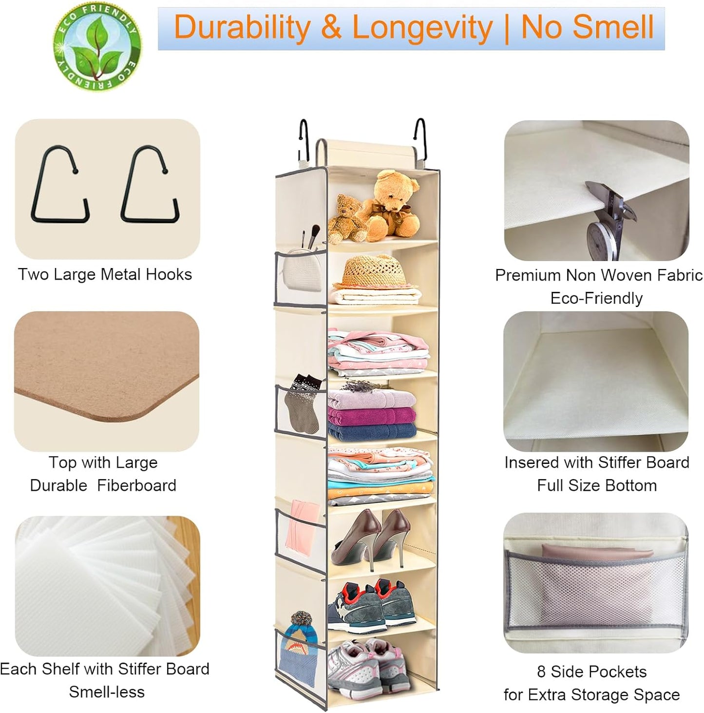 2 Pack Large-Sized Hanging Shoe Organizer 8-Shelf, Hanging Closet Organizer with 8 Side Pockets, Wider Hanging Shelves for Storage Shoes Clothes 9" W × 11.8" D× 48" H, Beige.