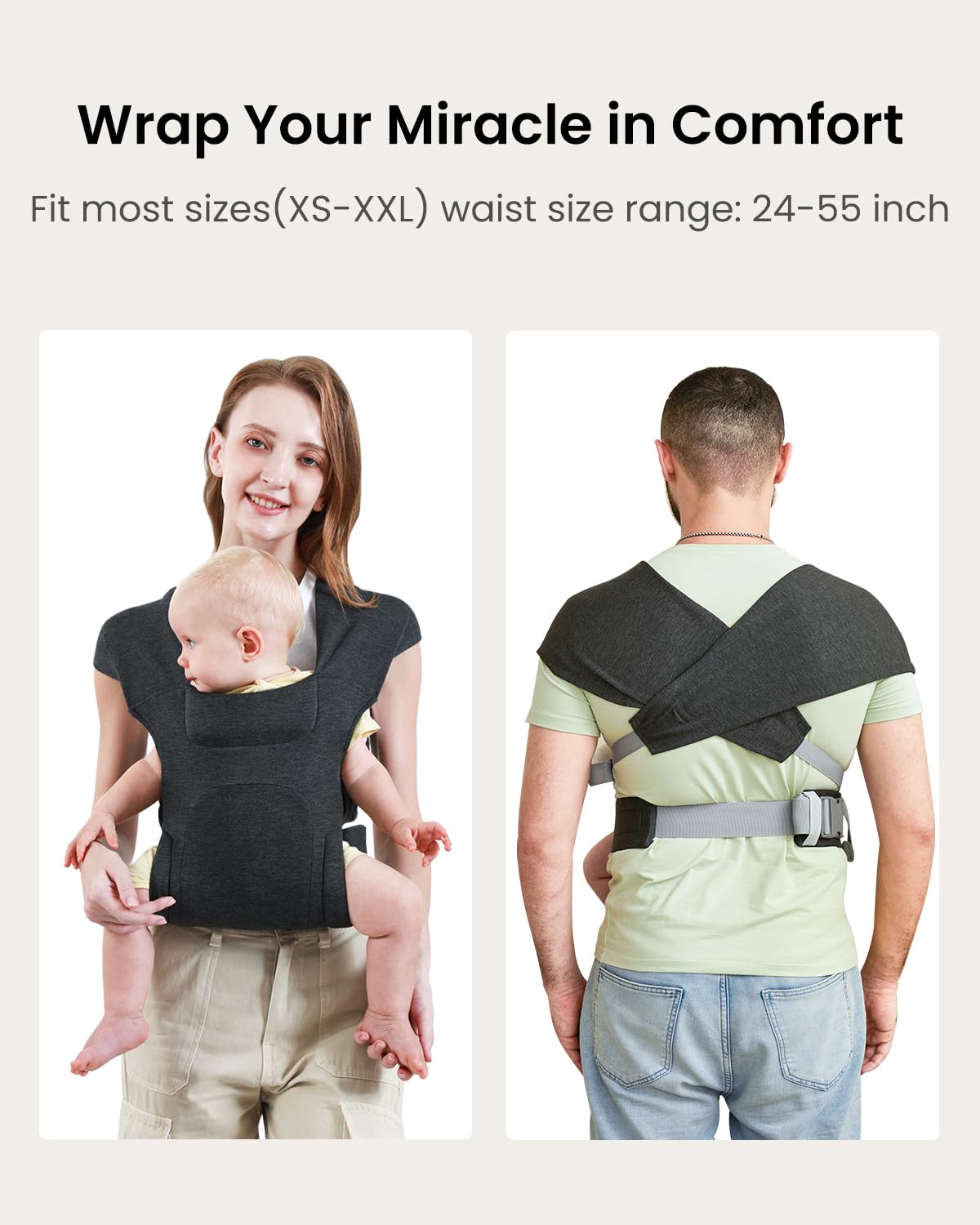 Newborn Carrier, Cozy Baby Carrier, Ergonomic Cross-Back Wrap, Hands-Free with Supportive Comfort, Deep Grey