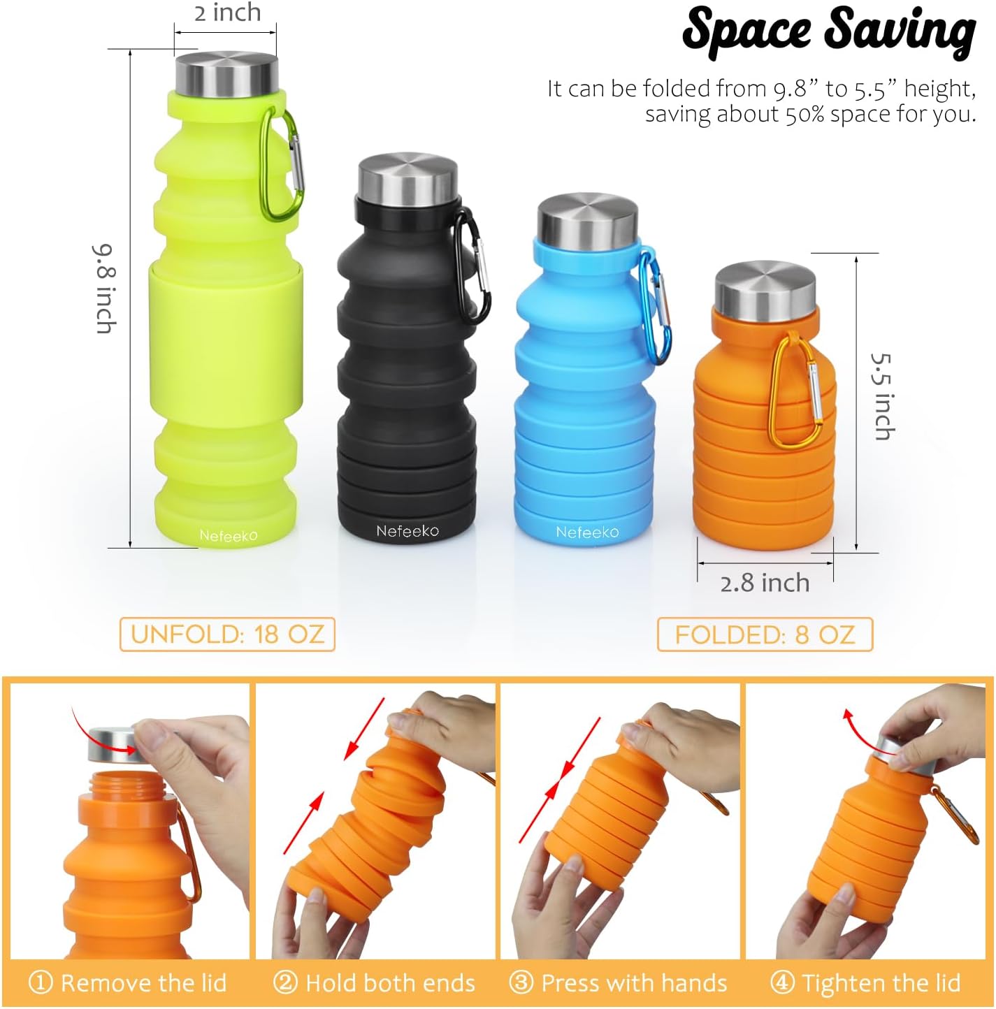 Nefeeko Collapsible Water Bottle, Reuseable BPA Free Silicone Foldable Water Bottles for Travel Gym Camping Hiking, Portable Leak Proof Sports Water Bottle with Carabiner