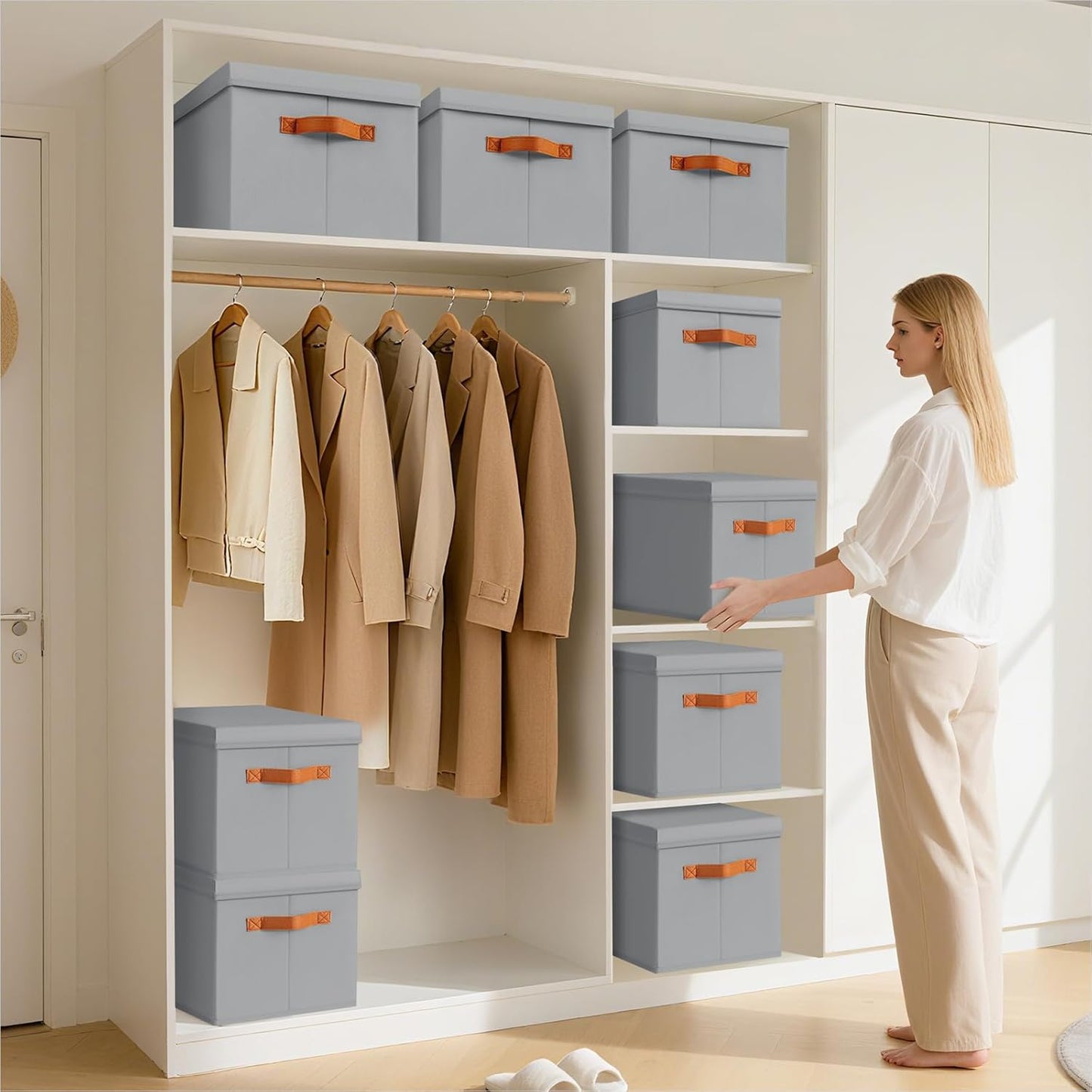 Storage Bins with Lids - Large Fabric Closet Bins with Lid, 8 Pack Clothes Organizers and Storage, Collapsible Stackable Cube Basket for Home, Office, Dorm, Grey