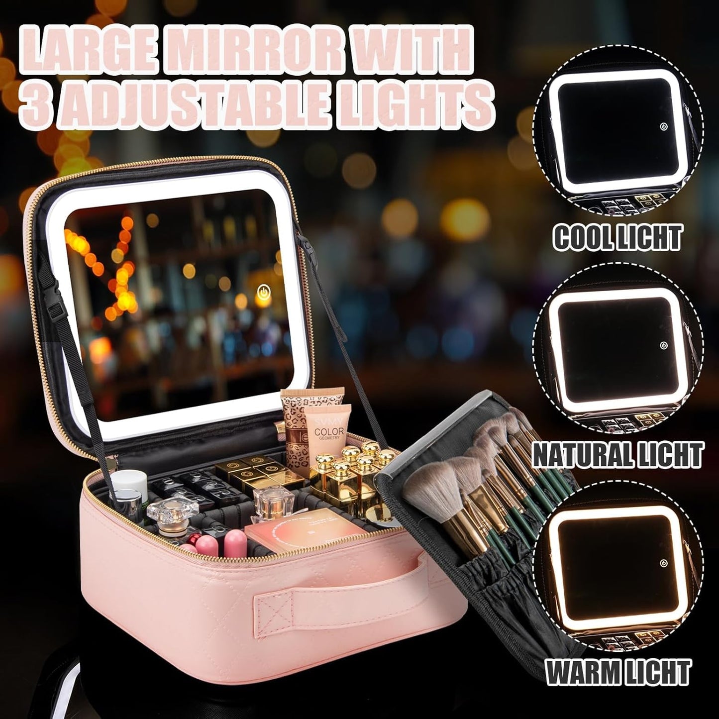 Makeup Travel Train Case with Mirror LED Light 3 Adjustable Brightness Cosmetic Bag Portable Storage Adjustable Partition Waterproof Makeup Brushes Makeup Jewelry Gift for Women (Pink checkered)