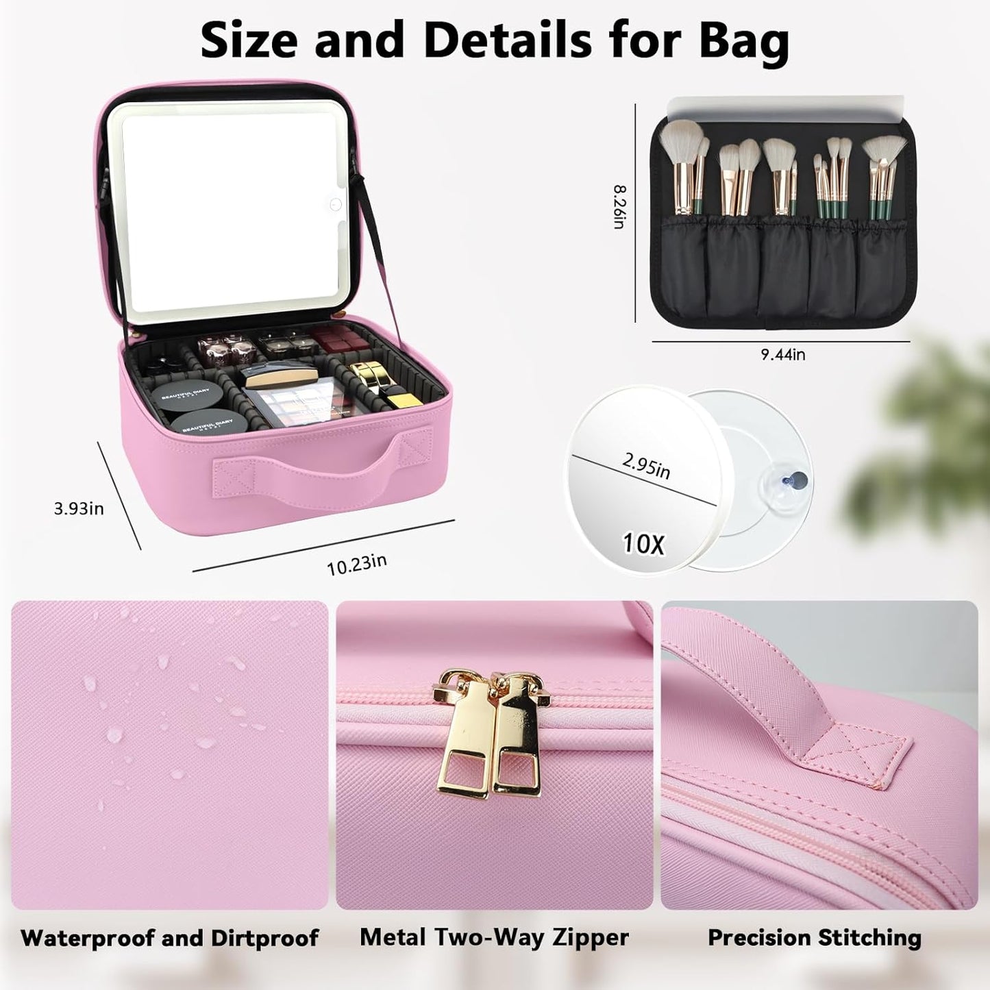 Travel Makeup Bag with LED Mirror and 10x magnifying glass with 3 Lighted Settings, Adjustable Dividers and Makeup Brush Storage Bag Light Pink