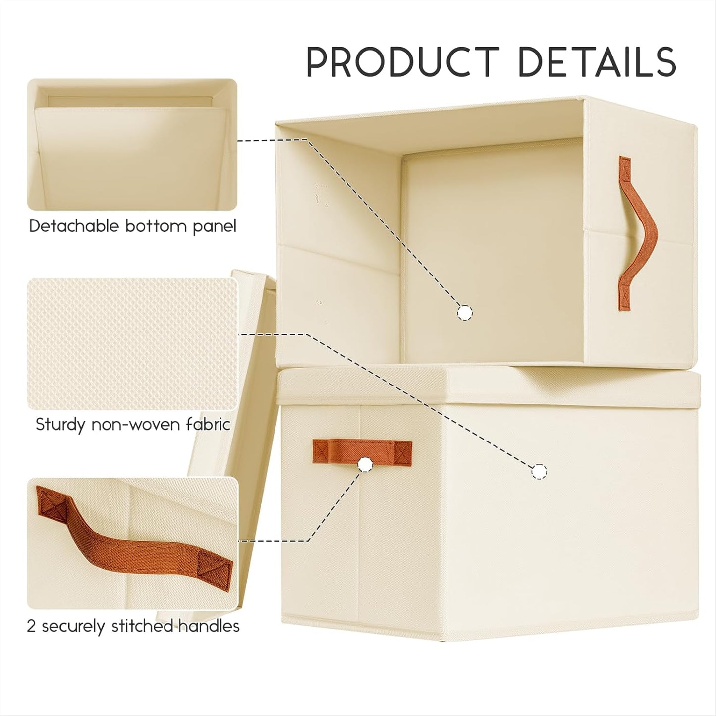 Storage Bins with Lids - Fabric Storage Baskets for Shelves, 4 Pack Foldable Decorative Boxes with Handles, Stackable Organizer Bins for Home, Nursery, Dorm, Beige