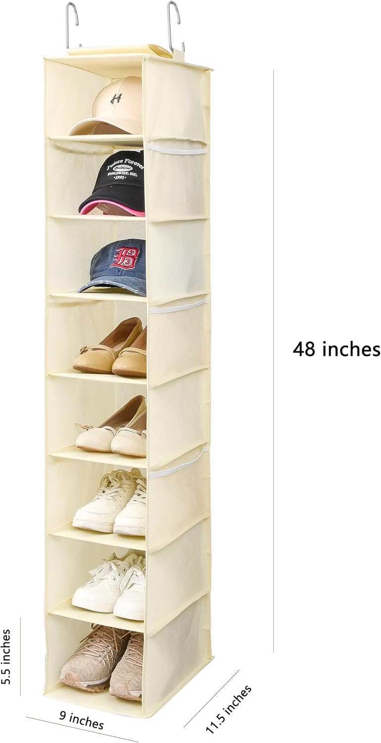 Hanging Shoe Organizer for Closet with Side Mesh Pockets，Hat Racks for Baseball Caps，Shoe and Hat Holder & Storage，8-Shelf，Beige，2 Pack