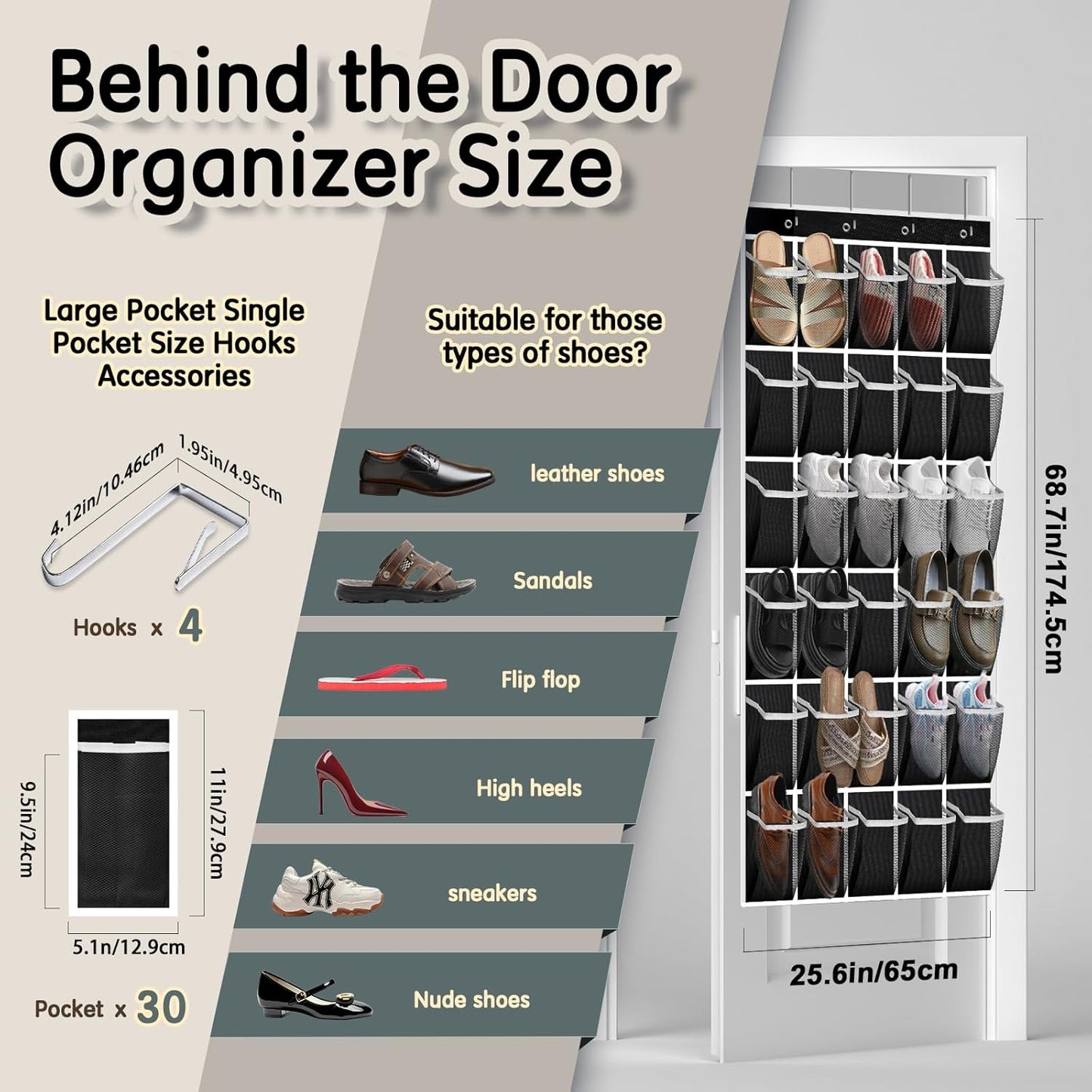 Over the Door Shoe Organizer with 30 Breathable Mesh Pockets - Large Capacity Closet Storage for Men & Women, Hanging Shoe Rack Organizer (Solid black)
