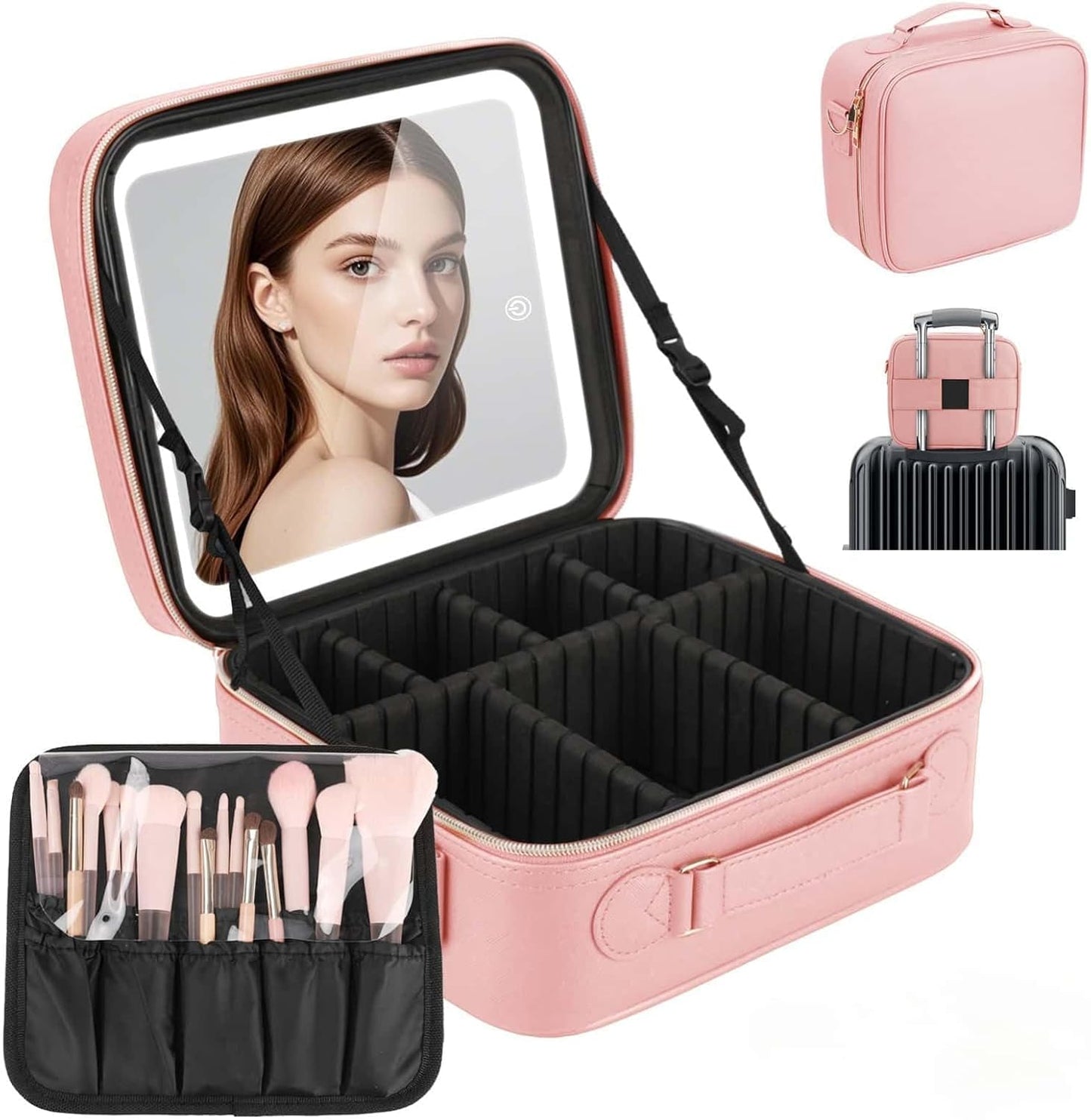 Travel Makeup Bag with LED Mirror, Cosmetic Bags for Women with Light up Mirror, Travel Essentials Makeup Organizer, Makeup Case with Adjustable Dividers and Brush Holder, 3 Color Lights