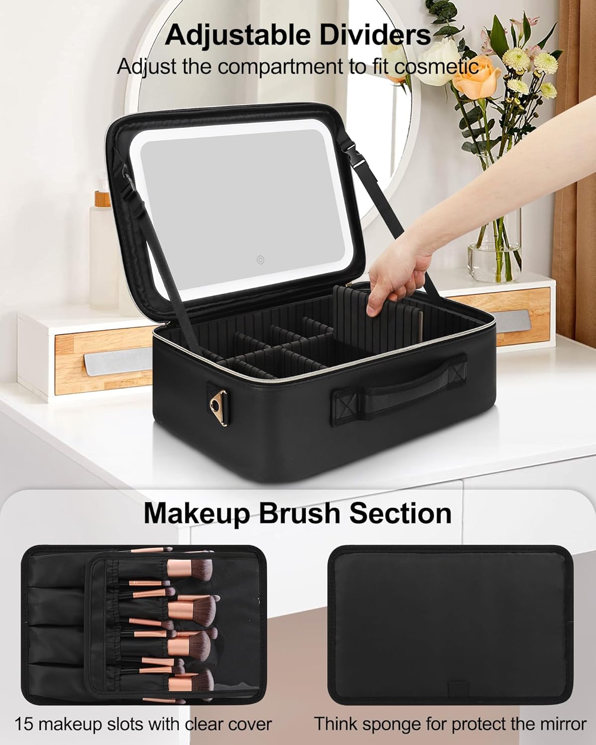 Chomeiu Makeup Bag with LED Mirror, Large Train Case for Makeup Artists, 16.2 inches Travel Professional Cosmetic Organizer with Light Up Mirror, 3 Color Lights, Brush Holder & Shoulder Strap (Black)
