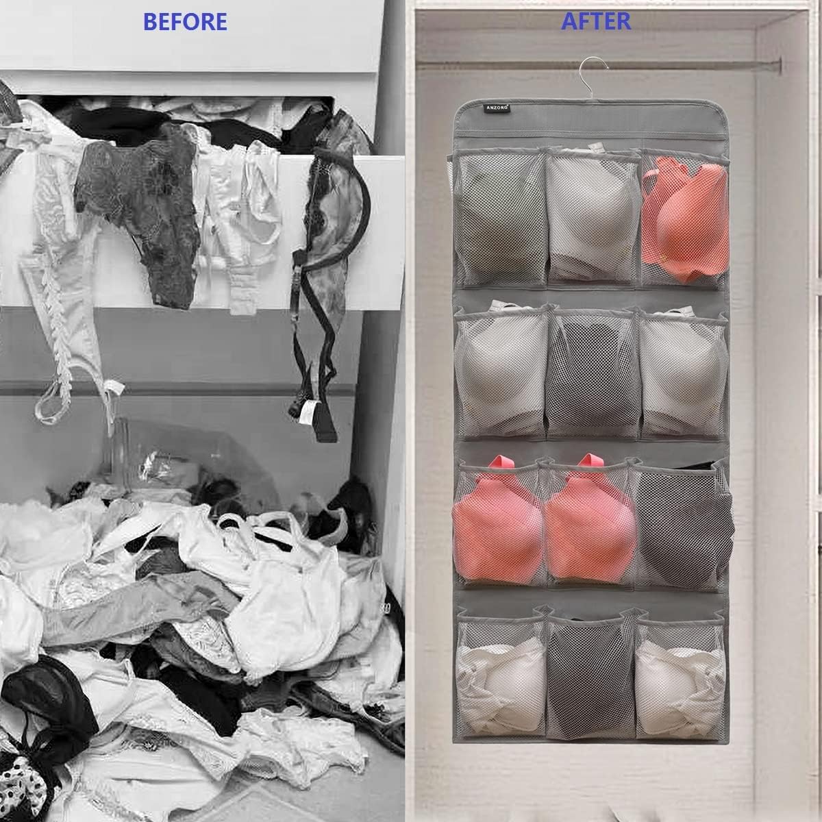 Dual Sided Hanging Shoe Organizer for Closet with Rotating Hanger Hanging Shoe Rack Holder with 24 Large Pockets (Grey-Mesh Pockets)