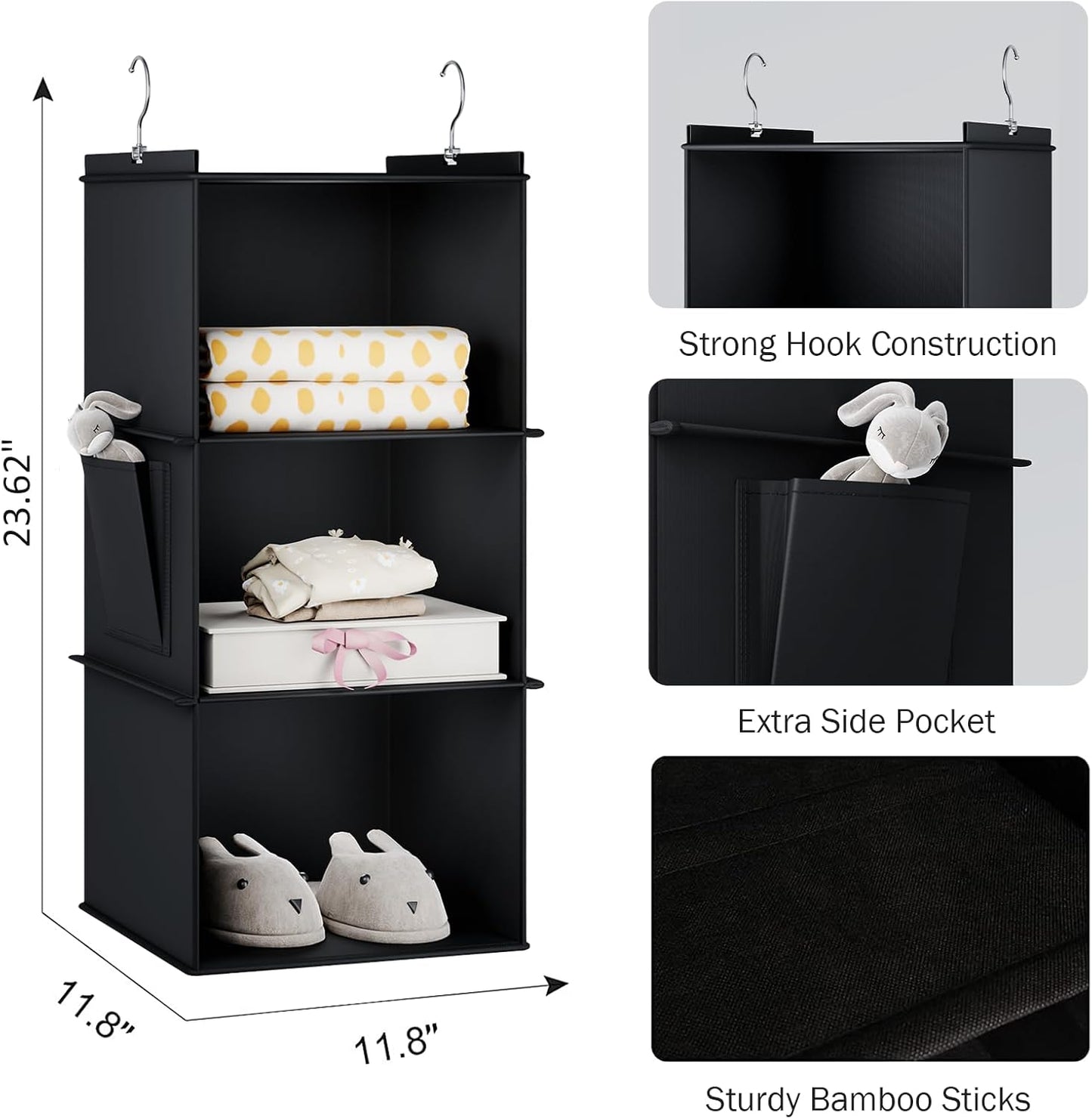 YOUDENOVA Hanging Closet Organizer, 3-Shelf Closet Hanging Storage Shelves, Black