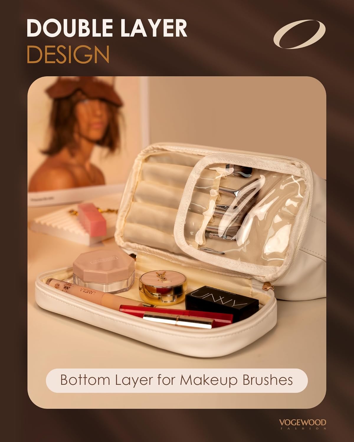 Graduation Present for Women Unique, Makeup Bag with Handle, Initial Double Layer Cosmetic Bag with Makeup Brush Organizer, Cute Cosmetic Pouch for Women, Gifts for Friend Female Mom