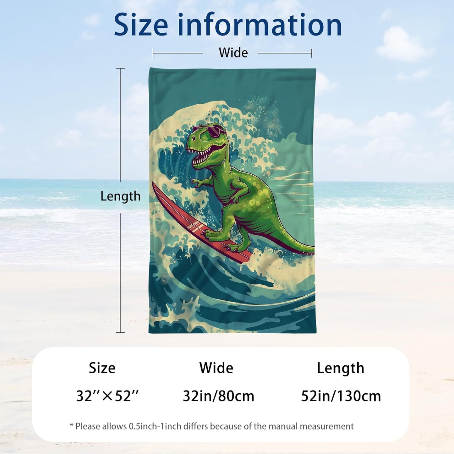 WZOMT Kids Dinosaur Beach Towel, Microfiber Dinosaurs Towels for Boys Toddler, Funny Green Dinosaur Surfing on Blue Wave Ocean Dino Bath Towel for Swim Pool Travel, Oversized 32x52 Inch