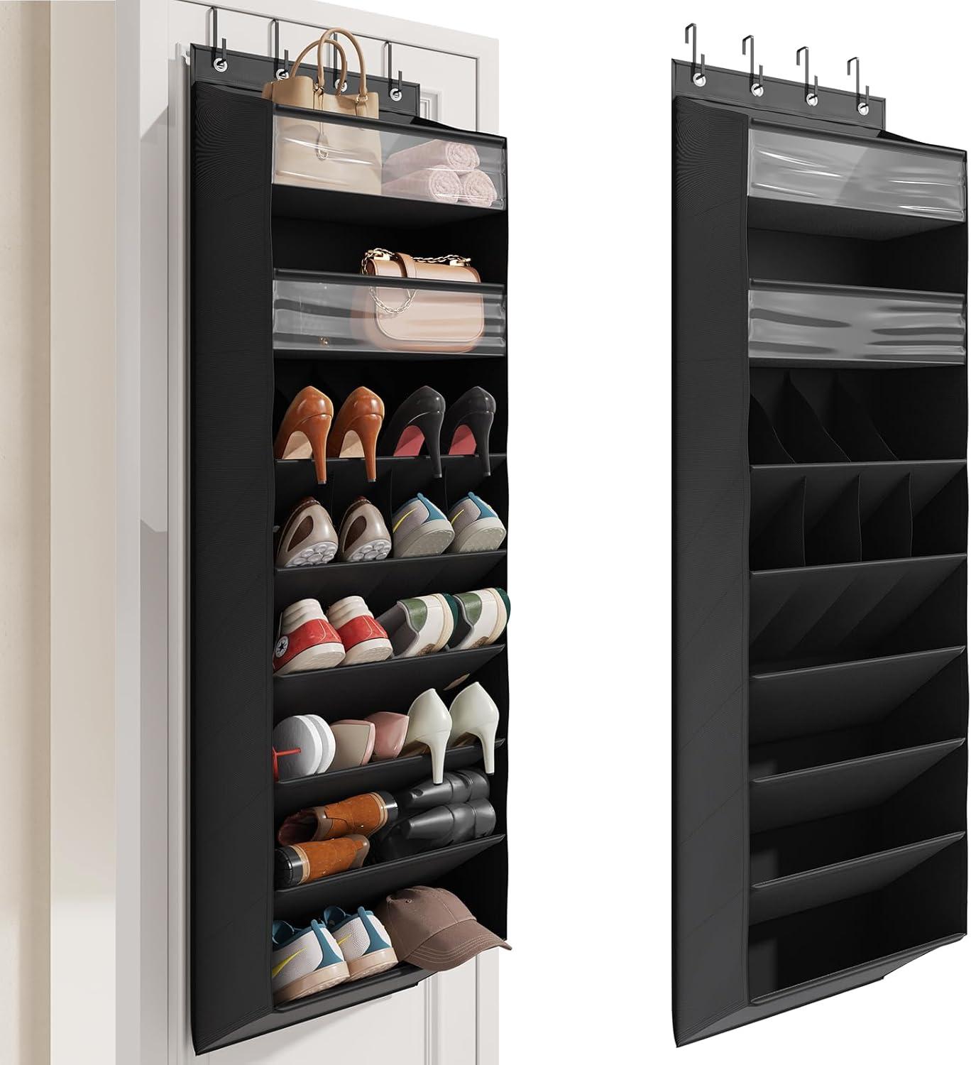 Over the Door Shoe Organizer for Closet, Shoes Rack with 8 Tier Large Deep Pockets, Hanging Shoe Organizers for Boot Storage, Behind the Door Narrow Shoe Holder for Small Shoes, Black