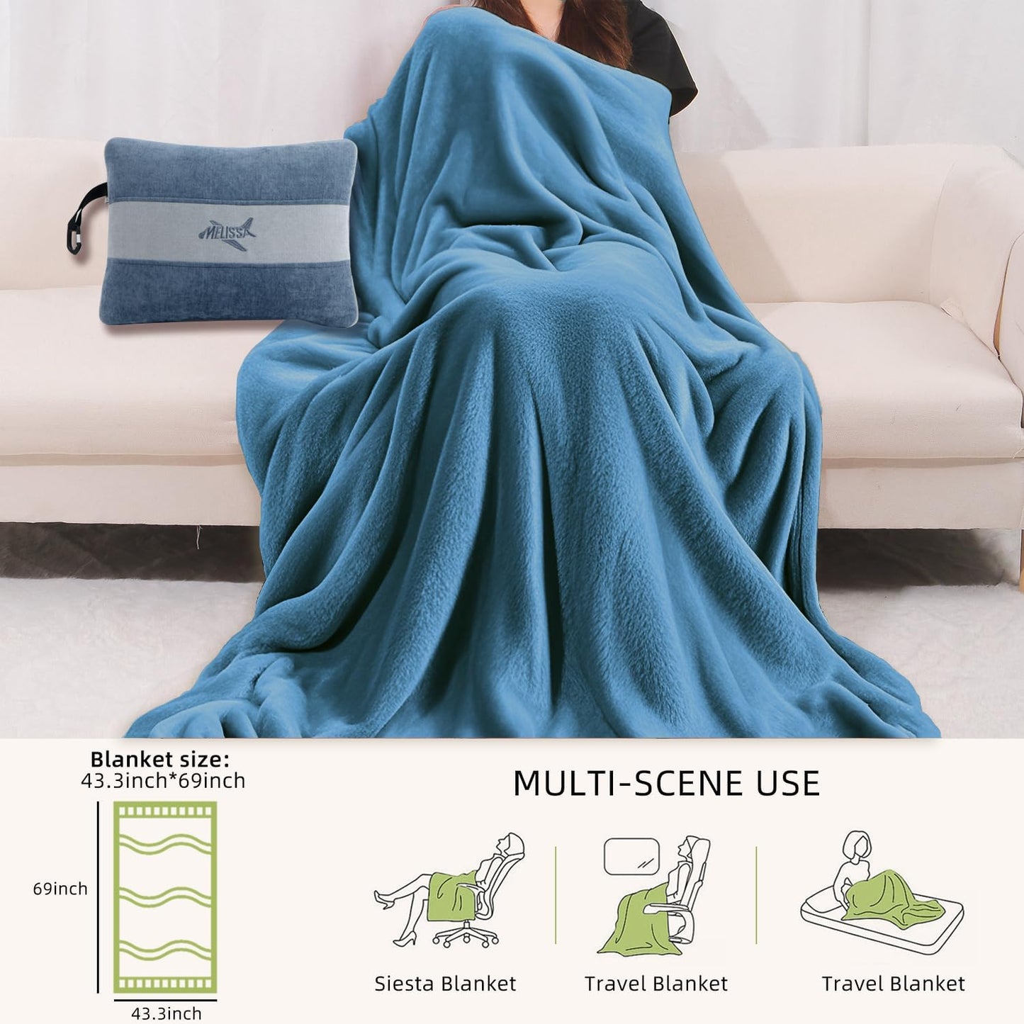 Melissa Large Travel Blanket and Inflatable Pillow Set - 69“ x 43.3” – Soft Blanket with Carry Bag – Lightweight, Compact & Washable for Backpacking, Hiking, Airplane, Car, Office, Camping (Blue)