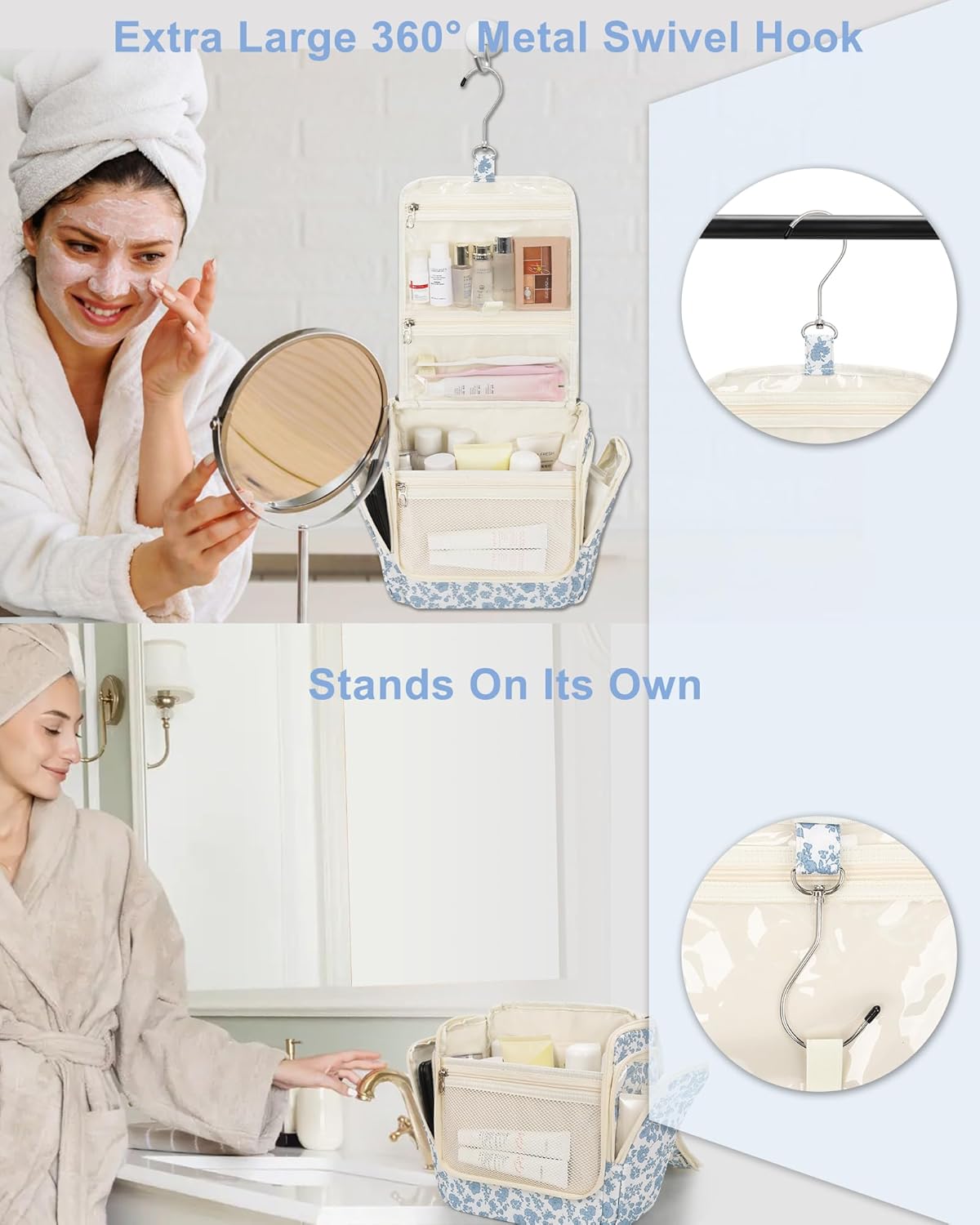 Relavel Hanging Toiletry Bag for Women Travel Makeup Bag Cosmetic Organizer Toiletries Bag for Travel Size Essentials Accessories Shower Caddy Bag for Bathroom Beach Gym, Floral Print