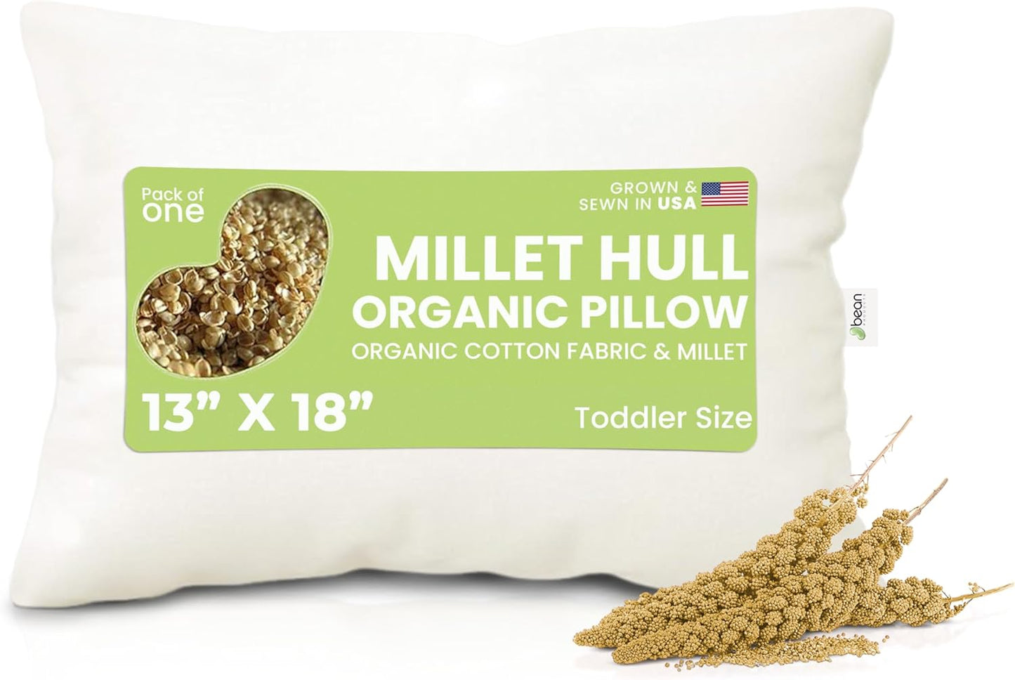 Bean Products 13" x 18" Travel Bed Pillow for Sleeping – Organic Millet Fill with Organic Cotton Fabric, Soft Toddler Head Pillow – Eco-Friendly, Breathable, and Durable Sleep Aid, Made in The USA