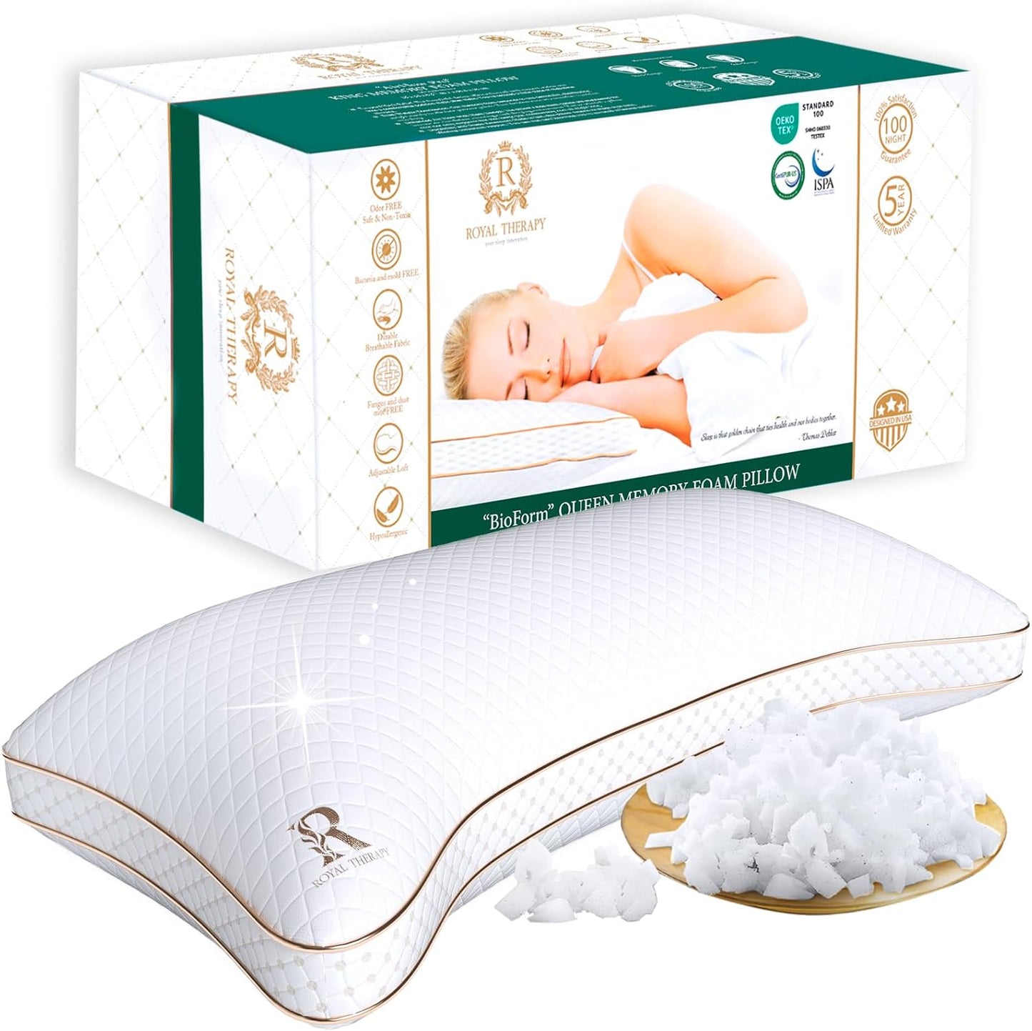 Royal Therapy King Size Pillows - Shredded Memory Foam Pillows for All Sleep Positions - Medium Firm Pillow with Adjustable, Bamboo Rayon Cover, CertiPUR-US, Oeko-TEX Certified