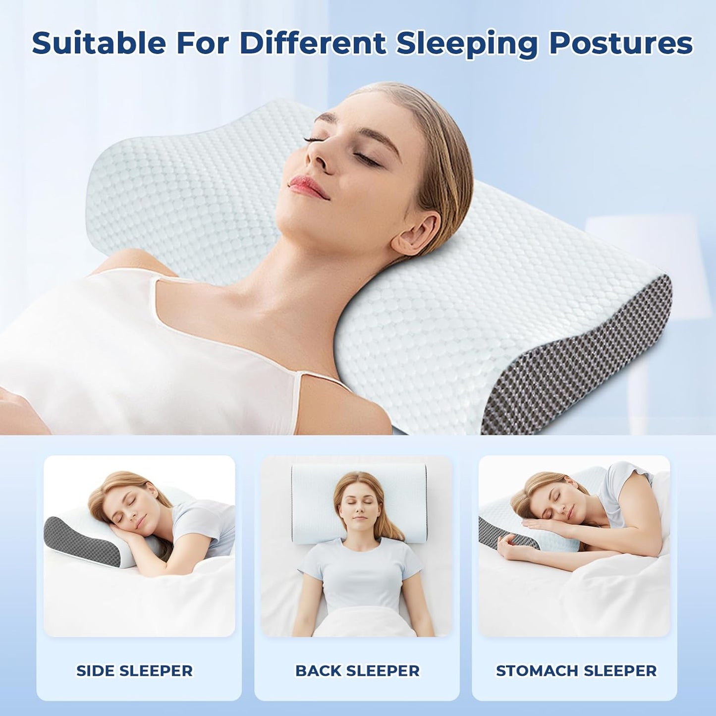 Memory Foam Pillows 2 Pack Neck Pillow - Neck Support Pillow for Pain Relief, Ergonomic Cervical Pillow for Sleeping, Orthopedic Contour Bed Pillow for Side, Back, Stomach Sleepers,Grey