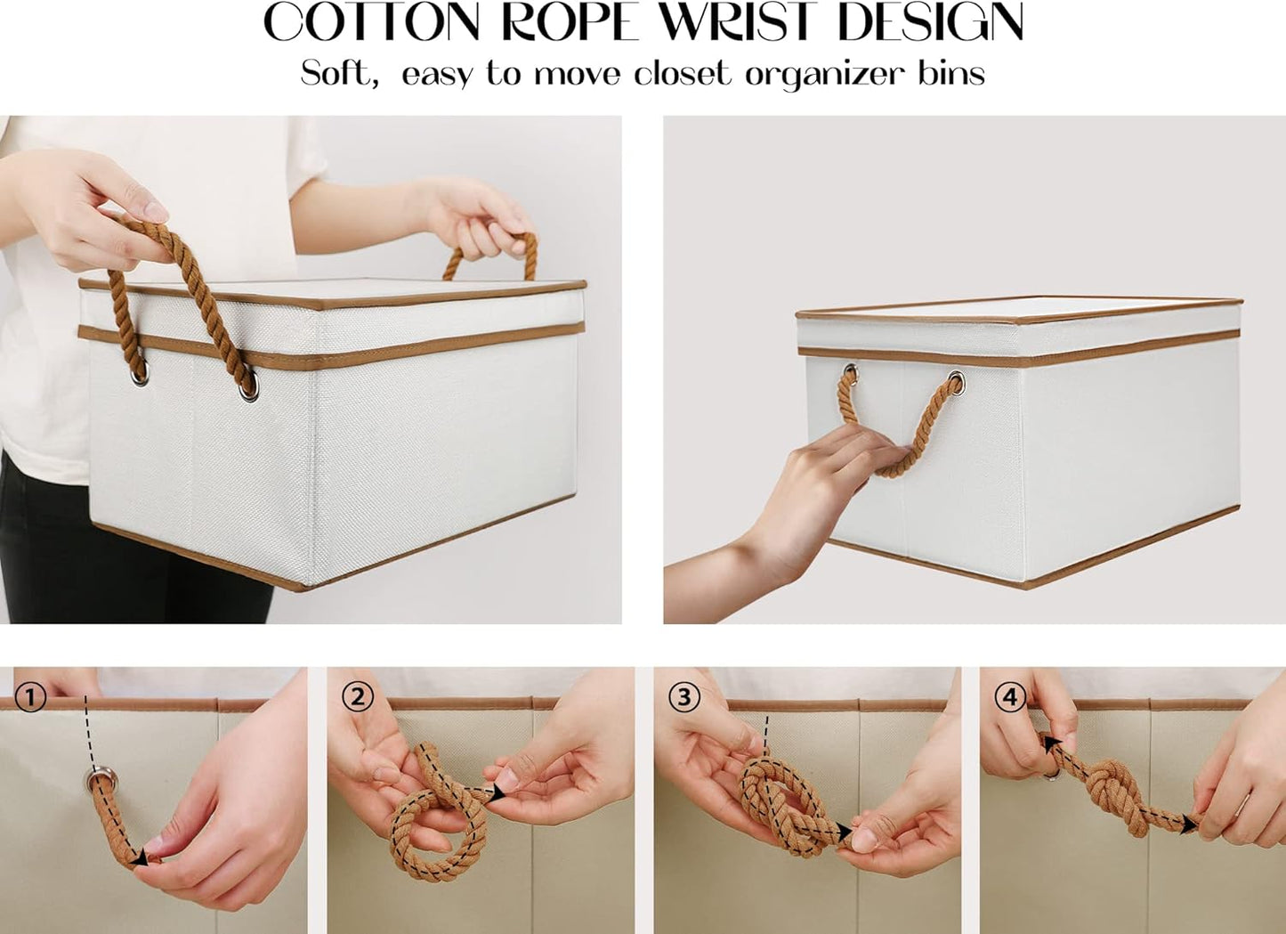 LoforHoney Home Fabric Storage Bins with Lids for Organizing, Foldable Closet Storage Boxes for Shelves, Clothes Baskets with Cotton Rope Handles, Large, Beige & Brown, 2-Pack