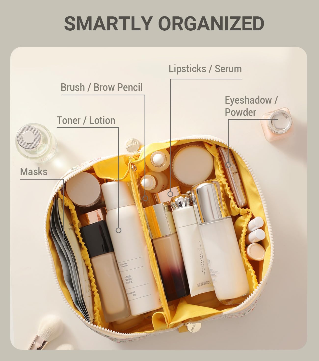 Aveniee Travel Makeup Bag for Women, Large Cosmetic Organizer with Open-Flat Design, Clear Divider & Handle - Waterproof PU Leather Toiletry Pouch