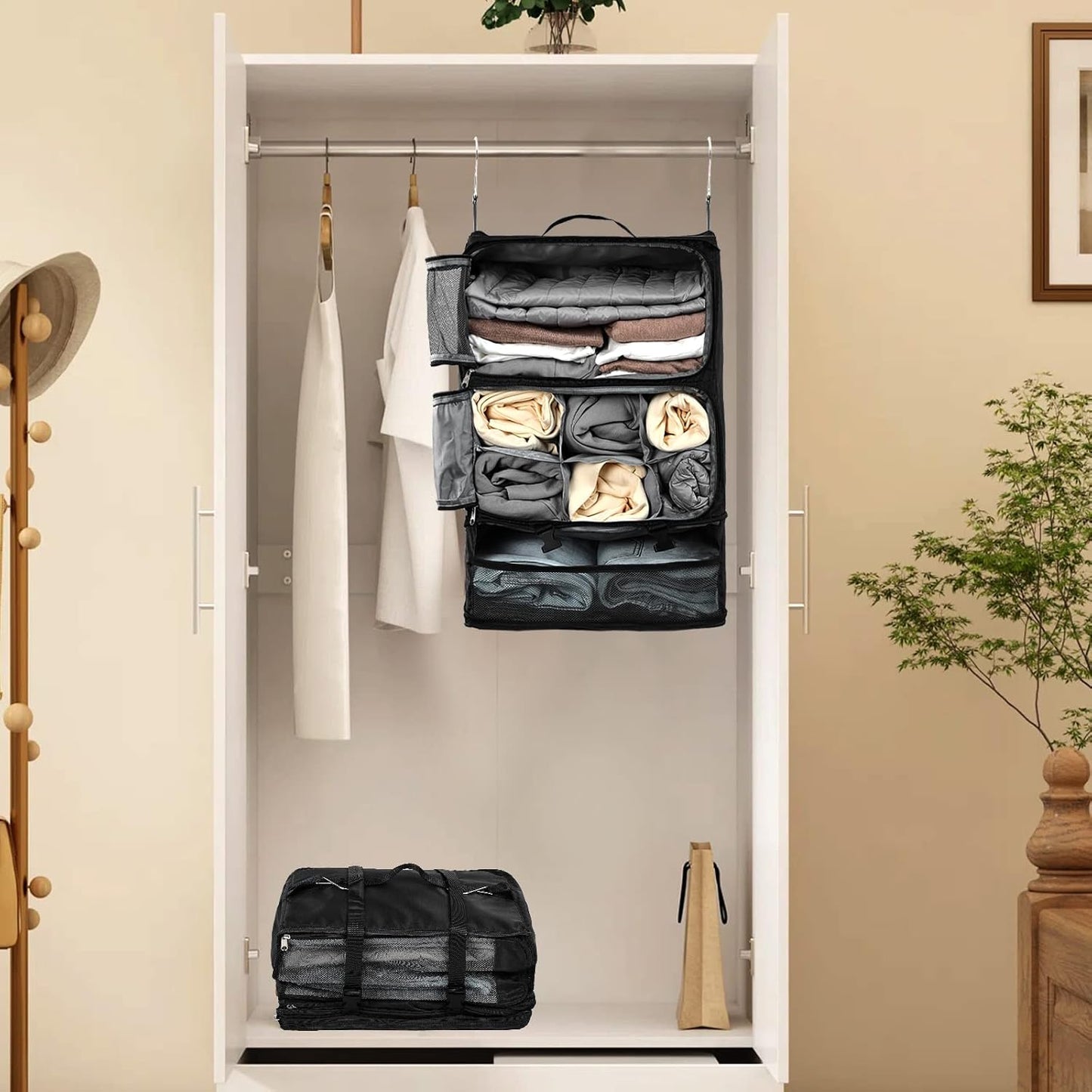 TABITORA Travel Portable Hanging Shelves Closet Organizer Packing Luggage Storage with Multifunctional and Foldable Invisible Compartment,Lightweight, for Suitcase, RV,Closet…Black,XXL