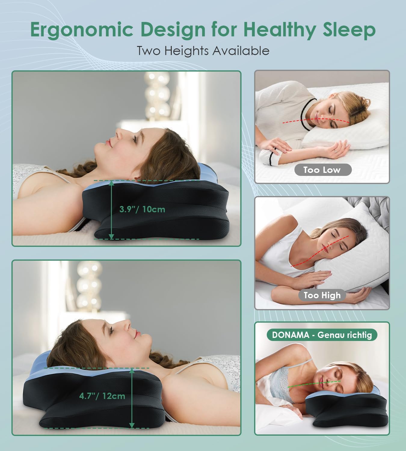 DONAMA Cervical Pillow for Sleeping, Contour Memory Foam Pillow for Neck and Shoulder Support, Ergonomic Neck Pillow for Side Back Stomach Sleepers, Bed Pillows with Cooling Pillowcase