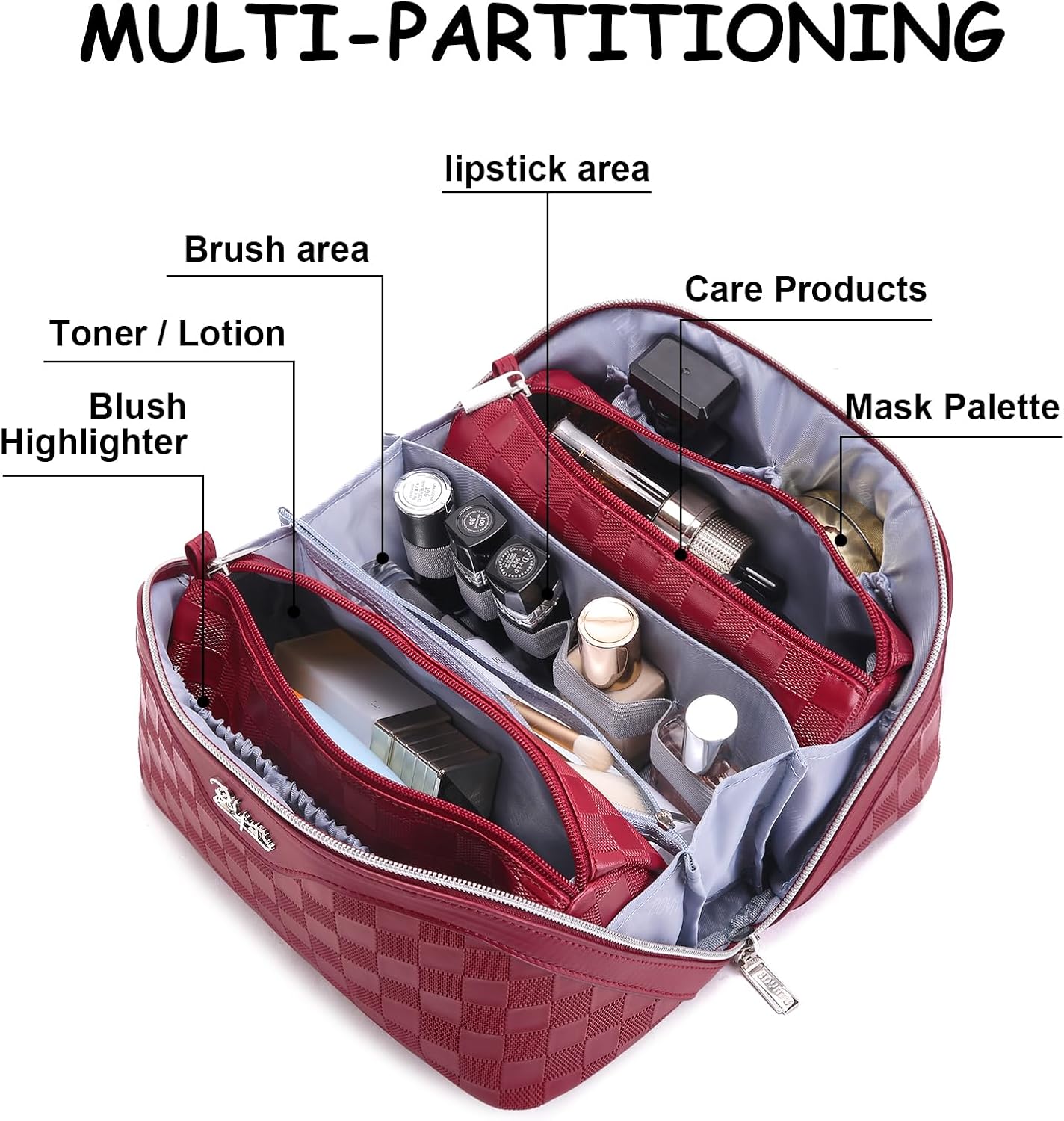 Travel Makeup Bag Organizer Cosmetic Bag: 3 Pcs Set Make up Bags for Women with Handle - Waterproof Vegan Leather Toiletry Bags with Comparments (C-11-Red)