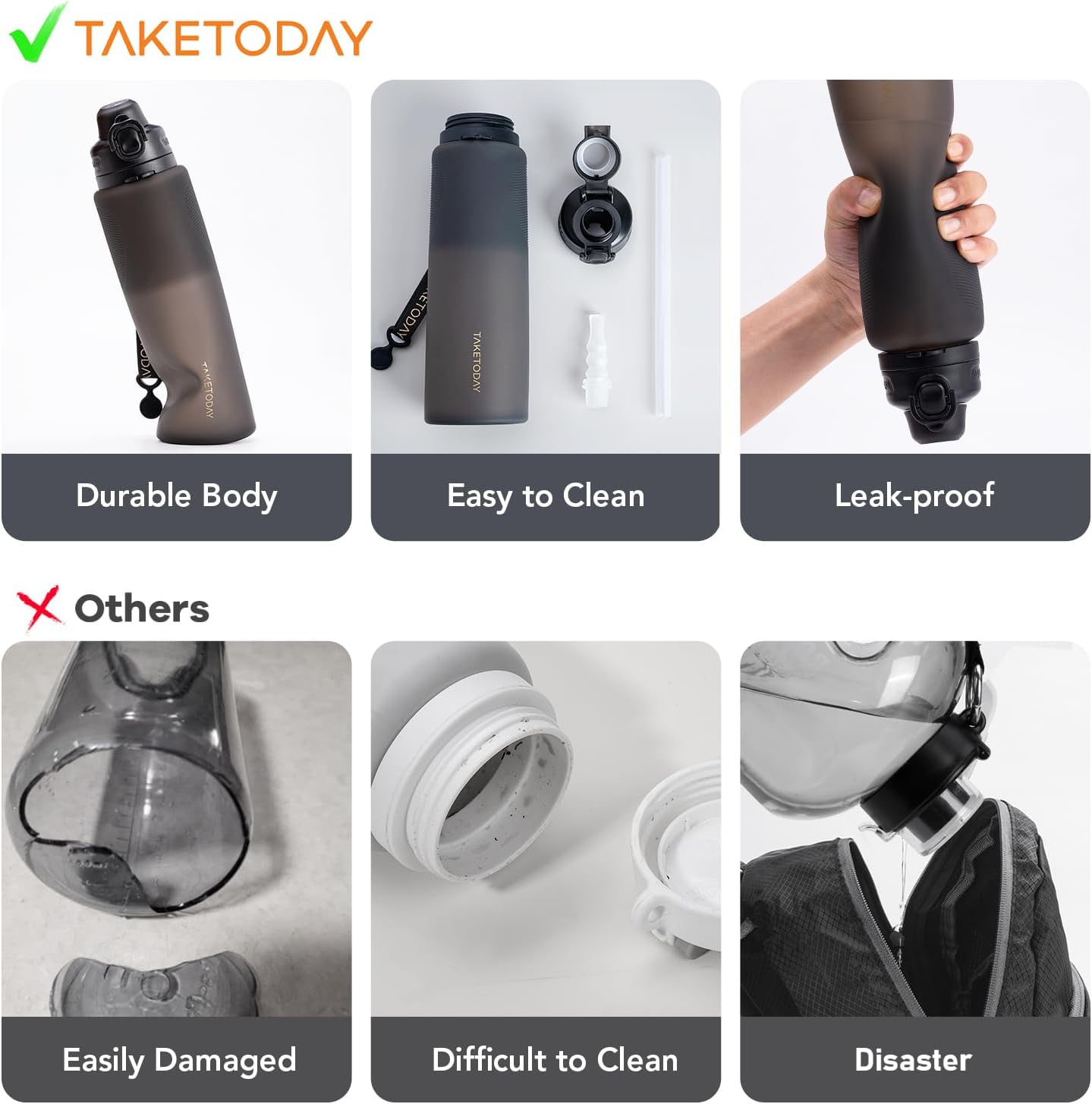 TakeToday Collapsible Water Bottles 32oz, Foldable Travel Water Bottle, BPA Free, Silicone Water Bottle Leakproof for Hiking, International Travel, Outdoors