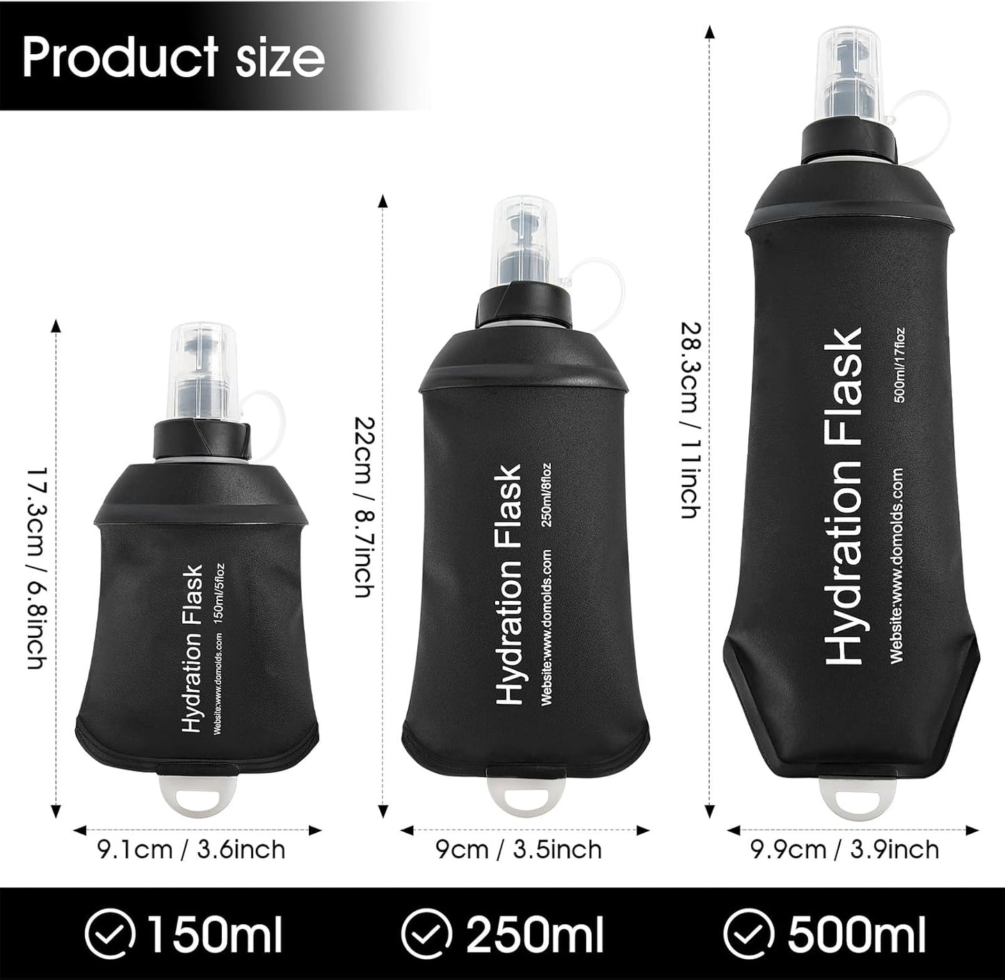 GYGYL Soft Flask, TPU Collapsible Soft Water Bottle for Hydration Pack, Running Vest, Leak-Proof Folding Water Bottle for Hiking Cycling Climbing Jogging-150ml Black