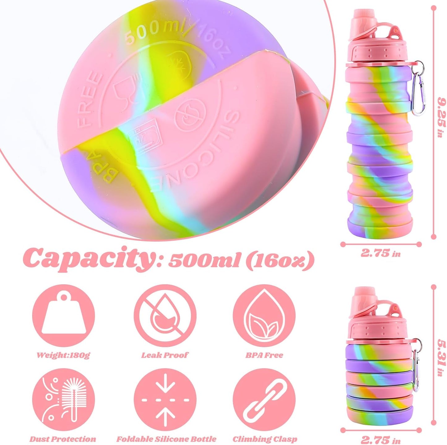 Collapsible Water Bottle for Adults, Boys, Students, Kids, Reusable Silicone Foldable Water Bottles for Travel Camping Hiking Sports,Leak-Proof Portable Sports Water Bottle (Pink & Green)