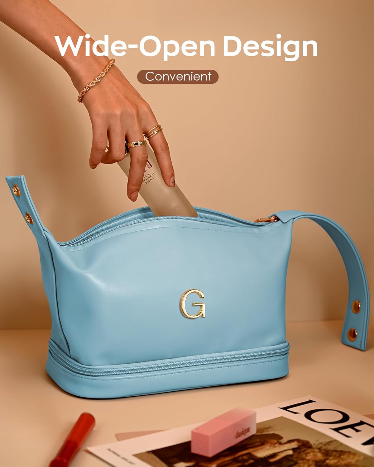 College Gifts for Women, Personalized Makeup Bag with Handle, Initial Double Layer Cosmetic Bag with Makeup Brush Organizer, Teacher Appreciation Gifts for Women, Gifts for Friends Female Mom