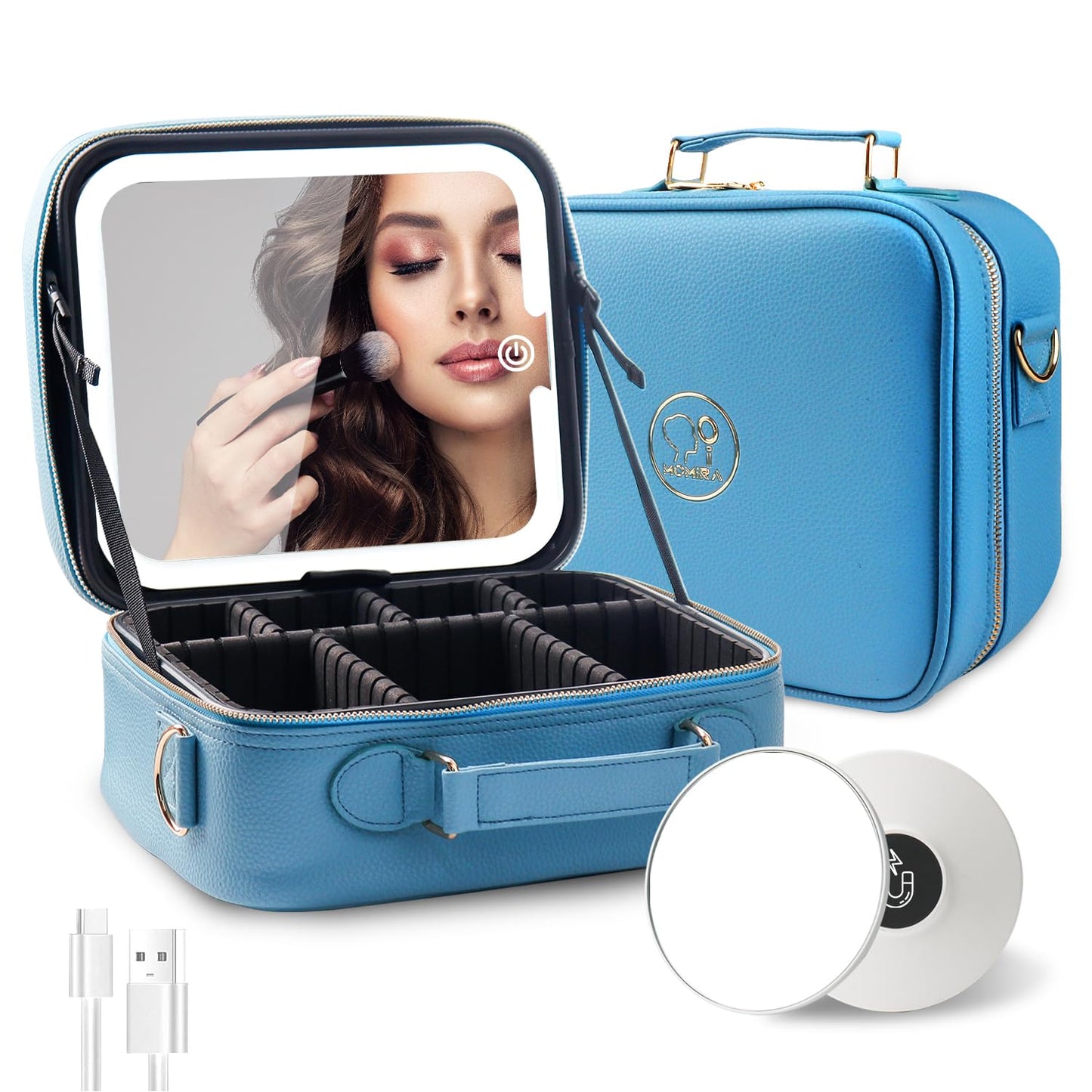 MOMIRA Travel Makeup Bag Cosmetic Bag with Lighted Mirror, Adjustable Brightness in 3 Color Scenarios/Detachable makeup mirror, All-round Upgrade, Waterproof, Gift for Women -Azure Blue
