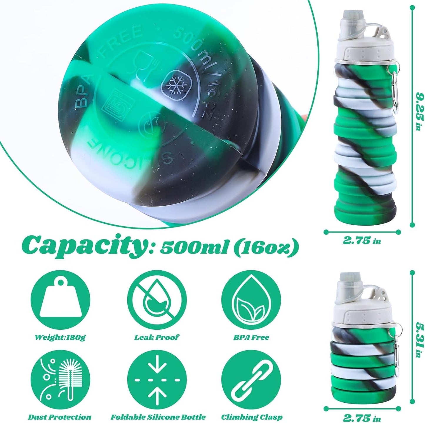 Collapsible Water Bottle for Adults, Boys, Students, Kids, Reusable Silicone Foldable Water Bottles for Travel Camping Hiking Sports,Leak-Proof Portable Sports Water Bottle (Pink & Green)