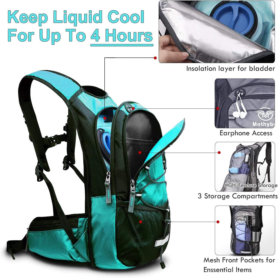 Insulated Hydration Backpack Pack with 3L BPA Free Leak Proof Water Bladder, Large Storage Lightweight Hiking Daypack with Waist Pouches & Cooler Layer, for Running, Biking, Camping, Festival