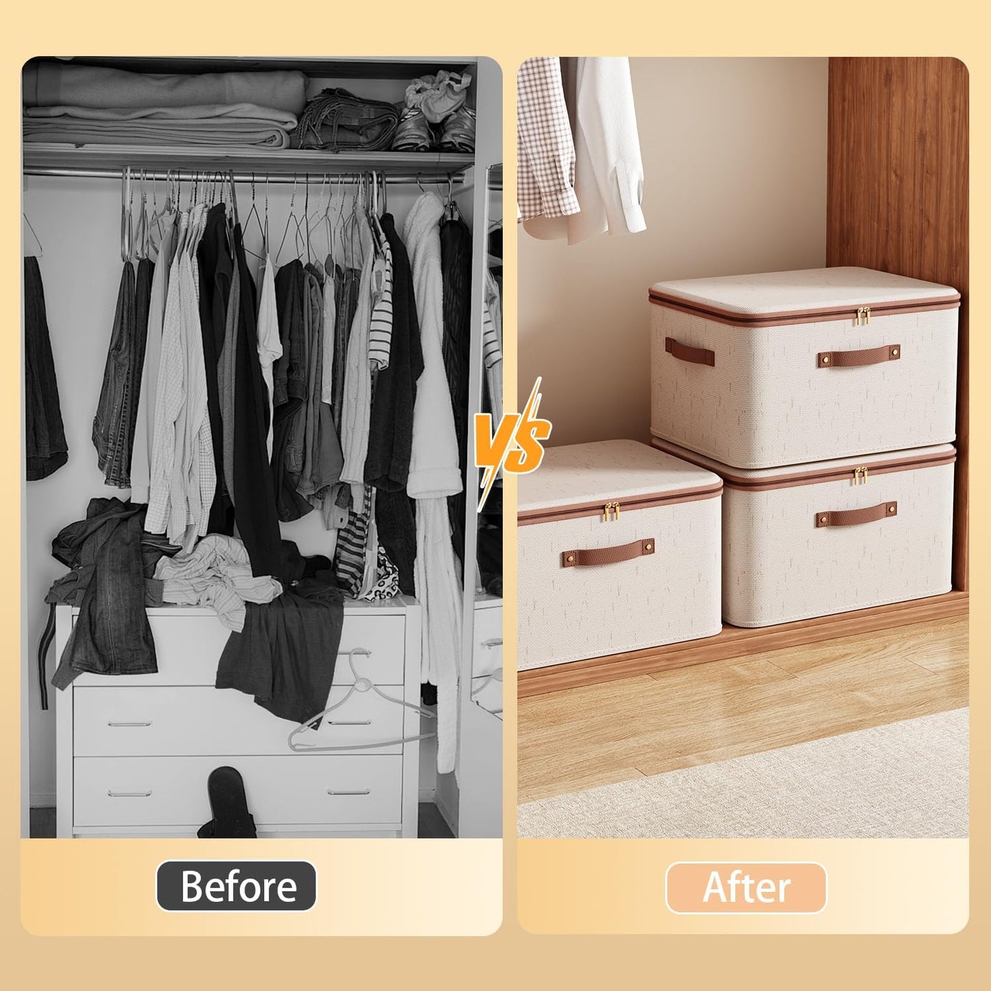 Tuza 3 Pcs Rigid Storage Bins with Zipper Lid, Cotton Linen Fabric Storage Boxes, Foldable Shelves Clothes Storage Cubes with Handles for Wardrobe, Closet(Beige, 25L)