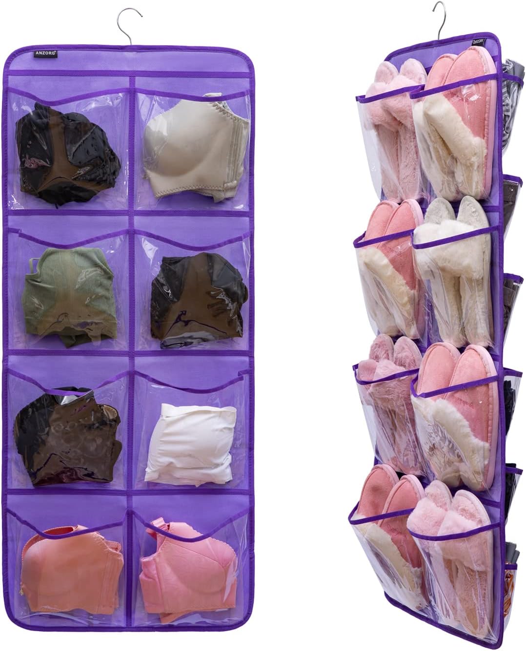 Dual-Sided Hanging Closet Organizer for Socks Underwear Bra Kids Storage Organizer for Baby Clothes Toddler Shoes with 26 Pockets (Purple-Clear Pockets)