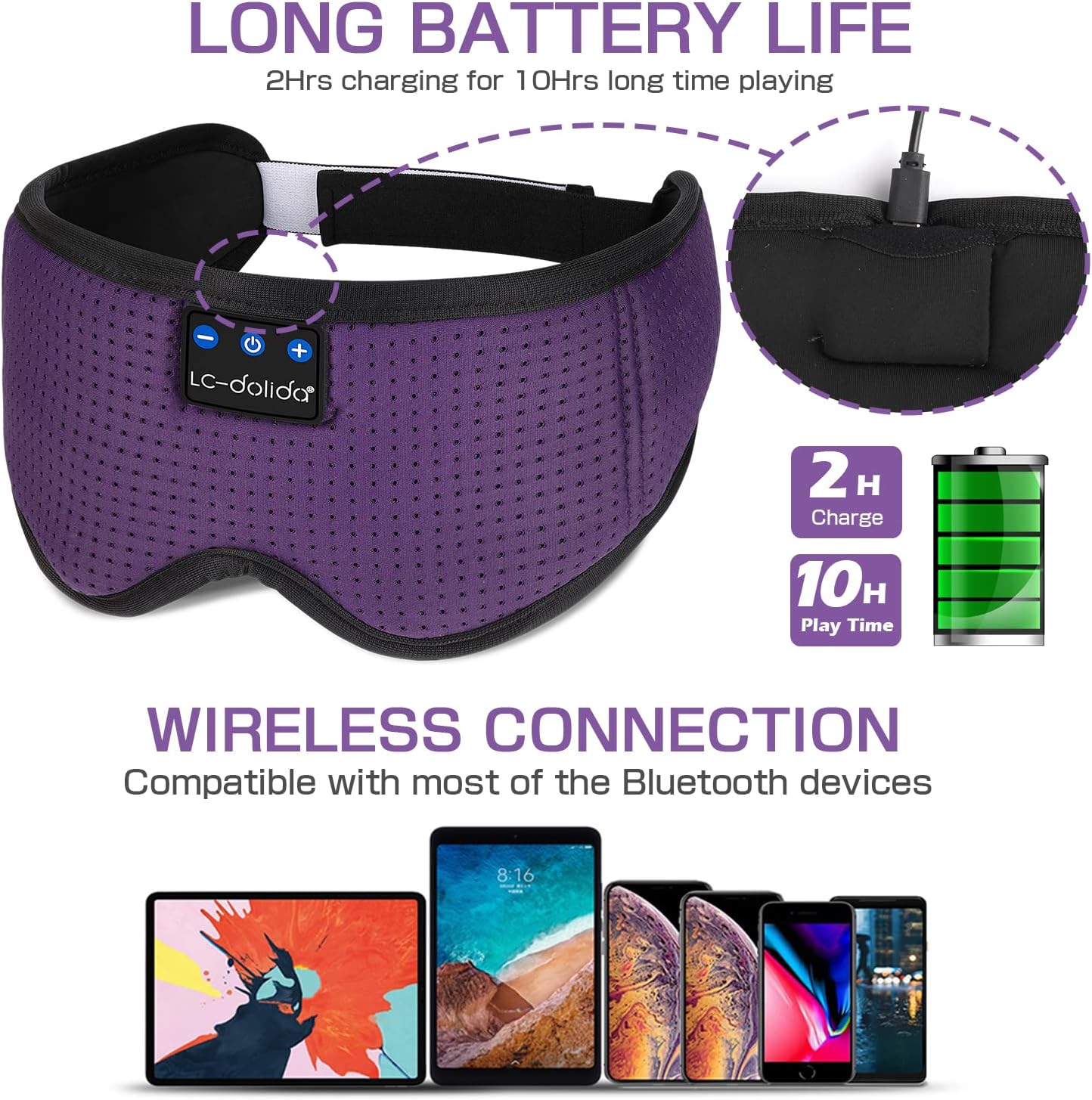 LC-dolida Sleep Headphones, Silk Sleep Mask Bluetooth Wireless Music Eye Mask, Sleeping Headphones for Side Sleepers Sleep Mask with Bluetooth Headphones Ultra-Thin Stereo Speaker Perfect for Sleeping