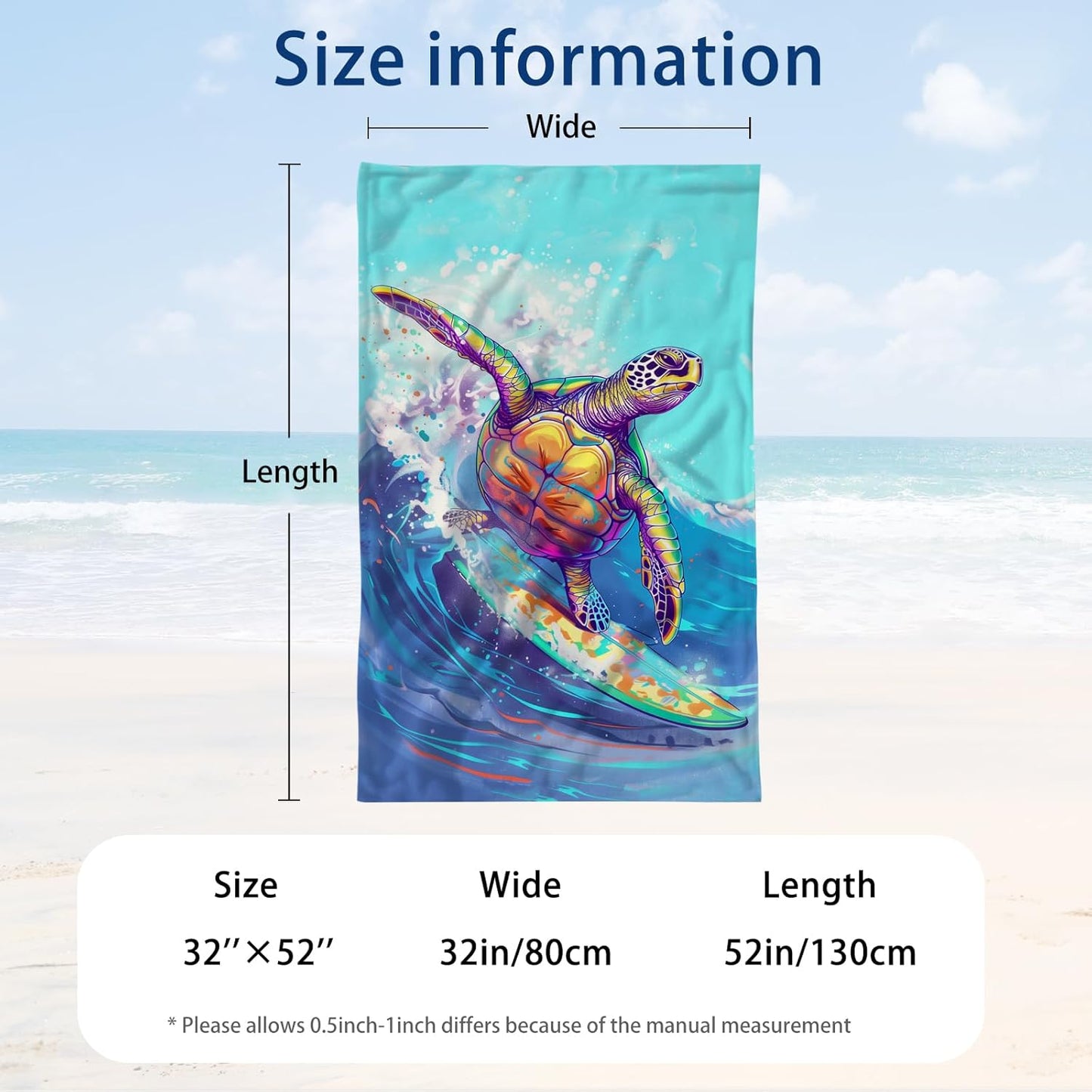 WZOMT Microfiber Turtle Beach Towel Oversized, Funny Sea Turtle Surfing Blue Ocean Pool Towel, Quick Dry Animal Print Bath Towel, Soft Absorbent Towels for Swim Travel Yoga Sports 32x52 Inch