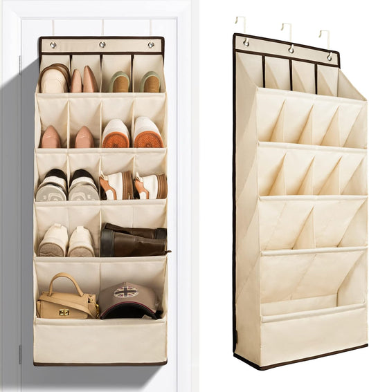 FENTEC 1 Pack Over the Door Shoe Organizers, Hanging Shoe Organizer with Large Deep Pocket Shoe Holder for Closet Shoe Rack for Wall, Over Door Shoe Storage Hold up to 18 Pairs Shoe, Beige