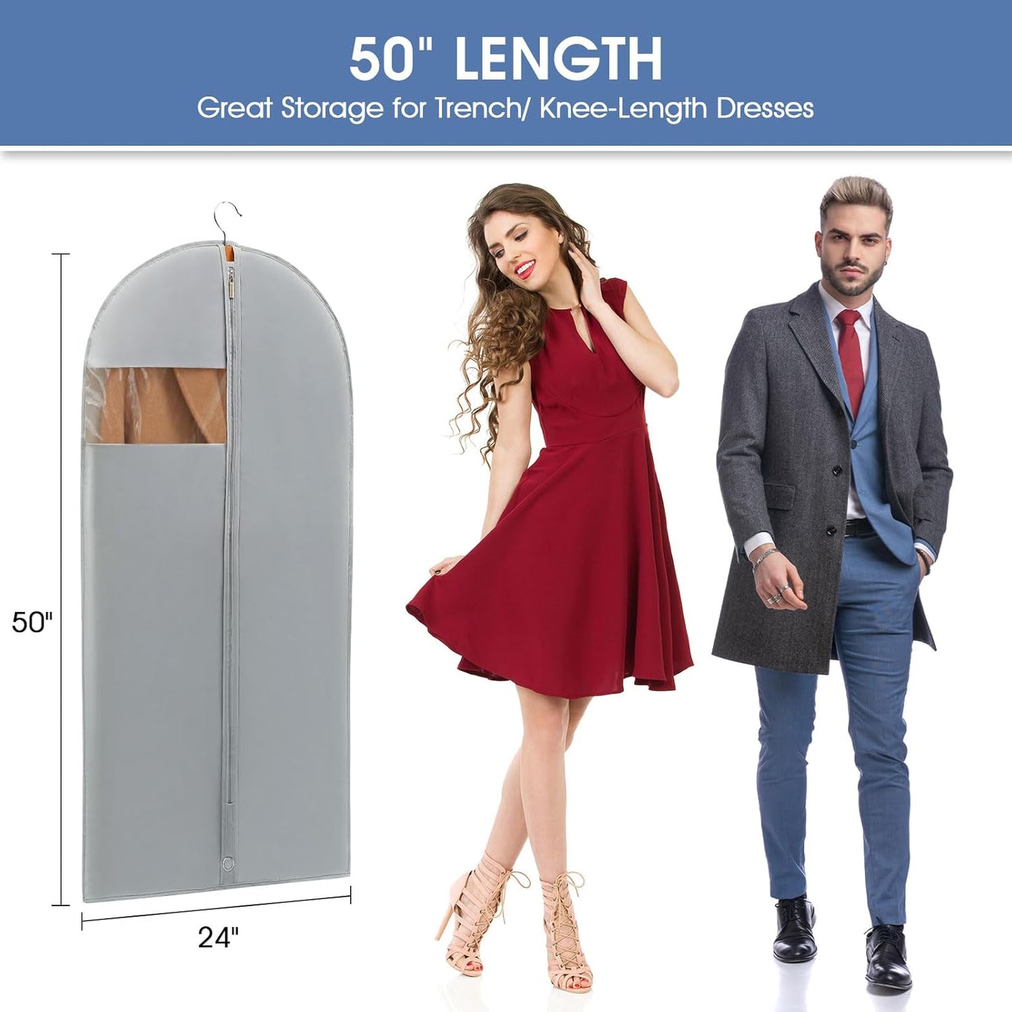 50" Garment Bags for Hanging Clothes, Suit Bags for Closet Storage and Travel, Grey Suit Cover Bags with Clear Window for Coats, Jackets, Dresses (2 Packs)