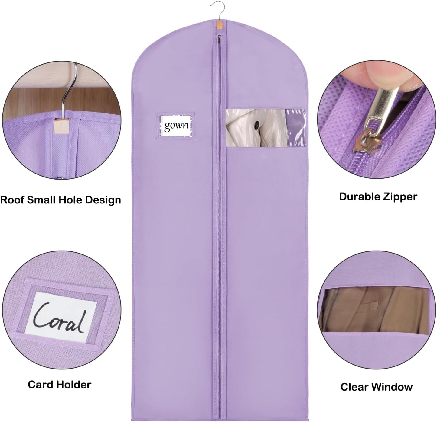 Syeeiex 60'' Garment Bags for Hanging Clothes, Set of 8 Dress Bags for Gowns, Garment Bags for Closet Storage for Gowns, Evening Dresses, Fur Coat, Long Dress(Purple)