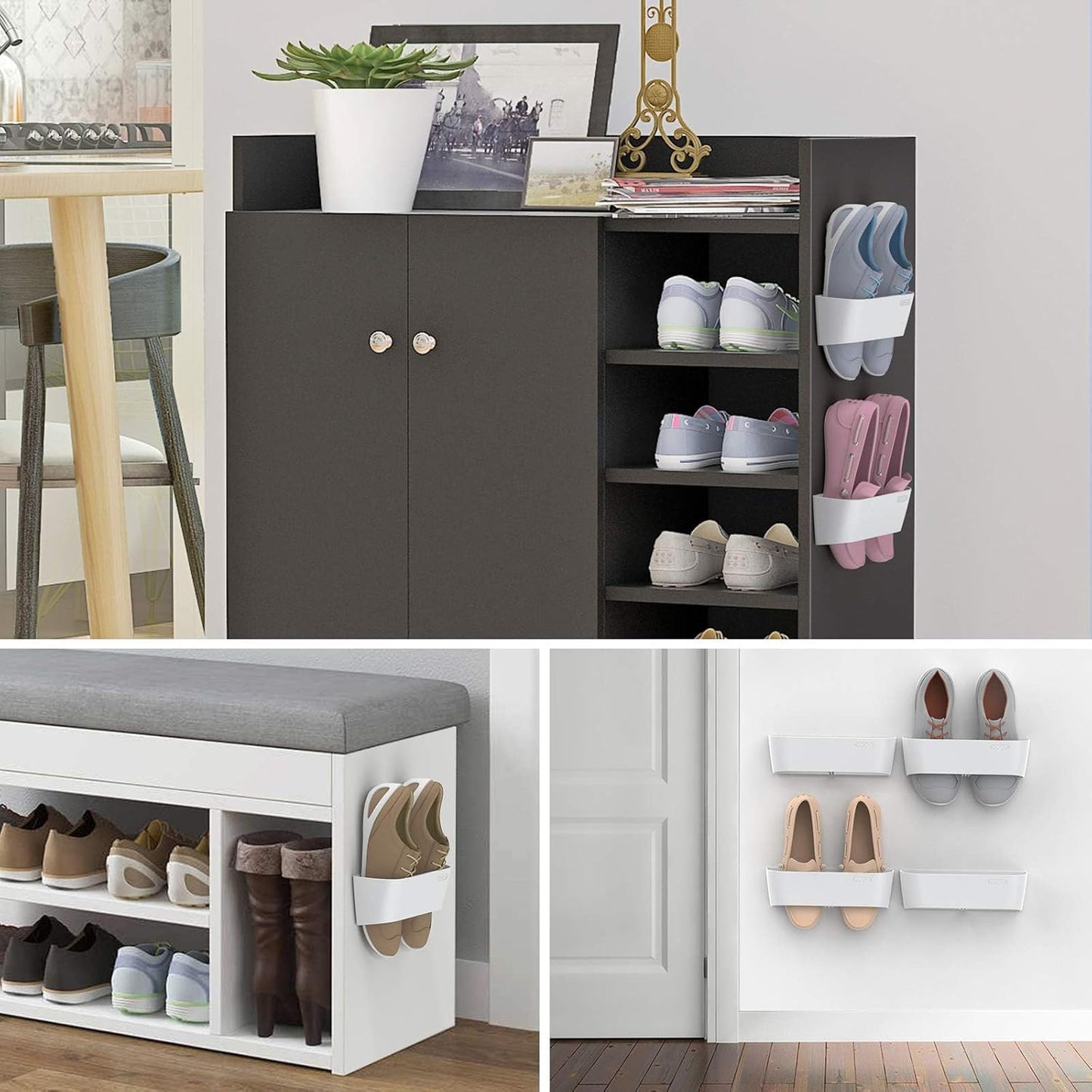 Wall Mounted Shoes Rack 6Pack with Sticky Hanging Strips, Plastic Shoes Holder Storage Organizer,Door Shoe Hangers (SM03-White-6)