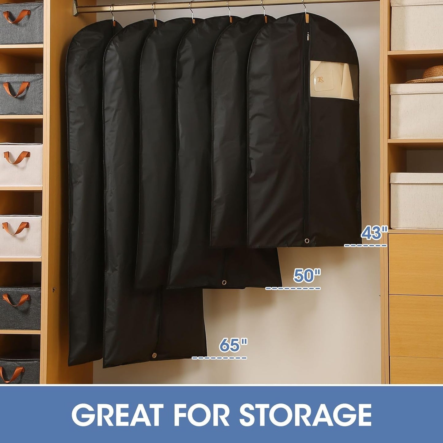 Dress Bags for Gowns, 65'' Long Garment Bags for Hanging Clothes, Dress Garment Bag, Black Dress Bag with Clear Window for Dresses, Coats, Uniforms（5 Packs）