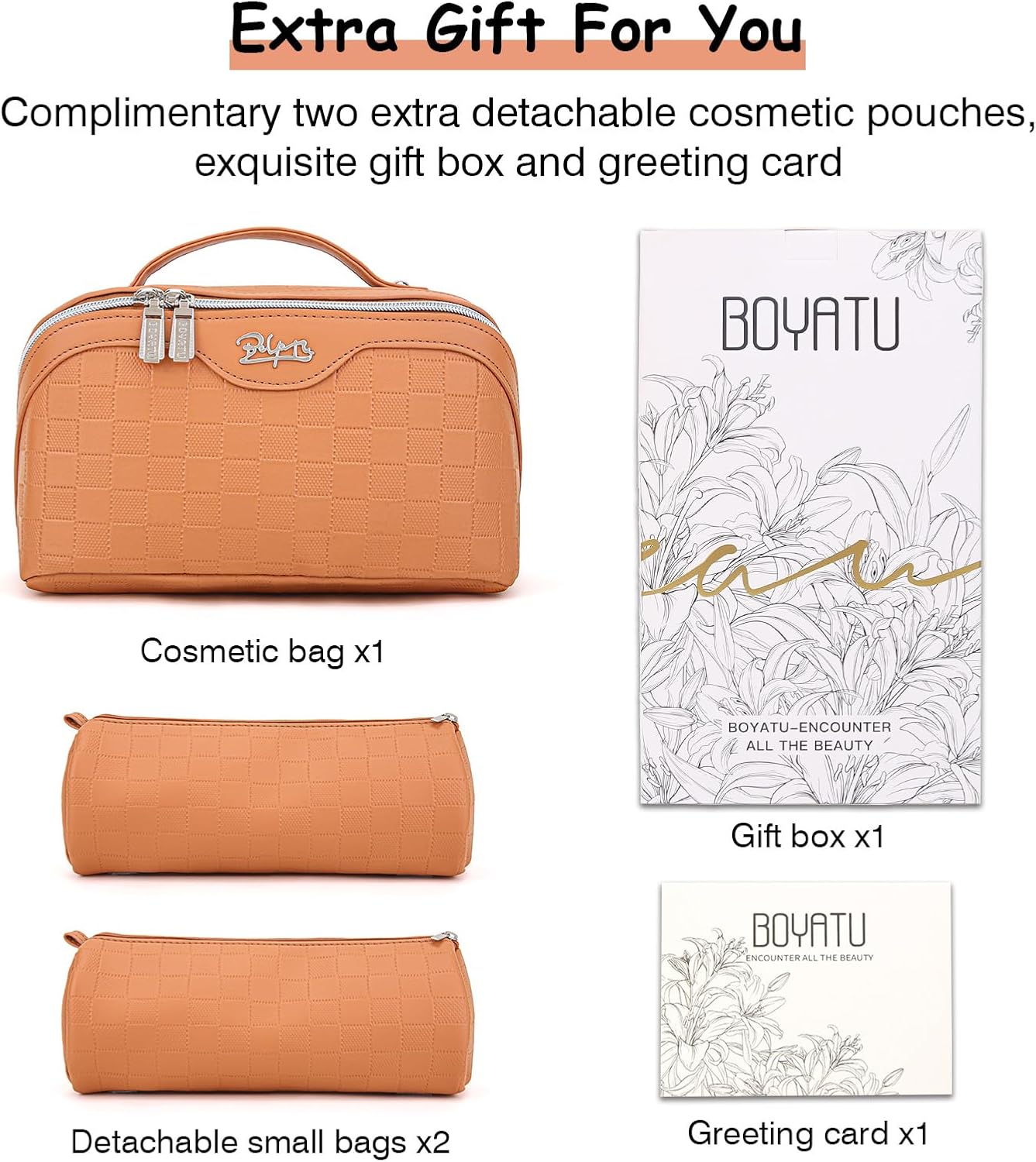Travel Makeup Bag Organizer Cosmetic Bag: 3 Pcs Set Make up Bags for Women with Handle - Waterproof Vegan Leather Toiletry Bags with Comparments (C-08-Orange)