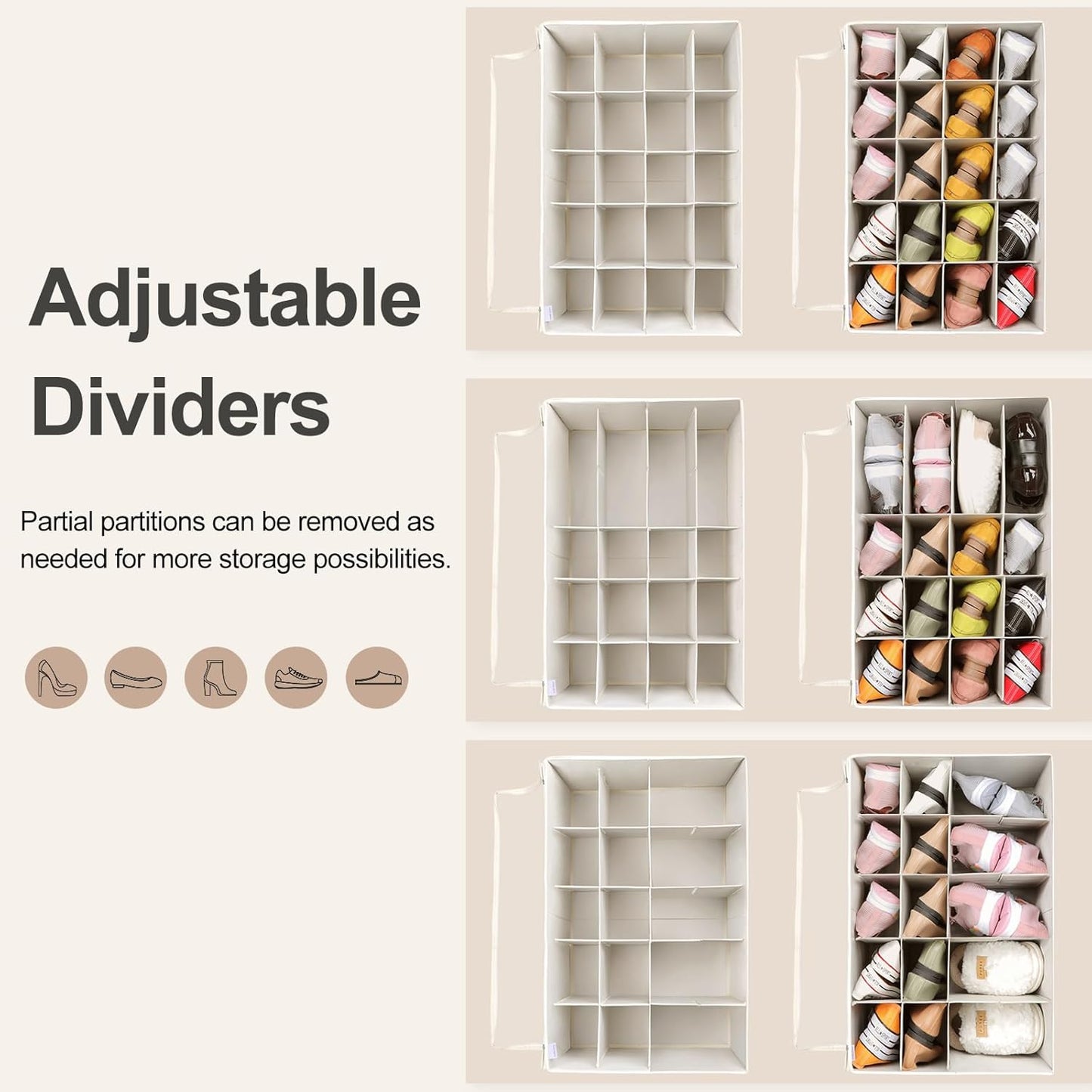 Shoe Organizer for Closet 2 Pack, Foldable Shoe Box with Adjustable Divider and Clear Cover, Space Saving Shoe Storage Organizer Cabinet with Reinforced Handles, Fits 40 Pair, Beige, TP11Y